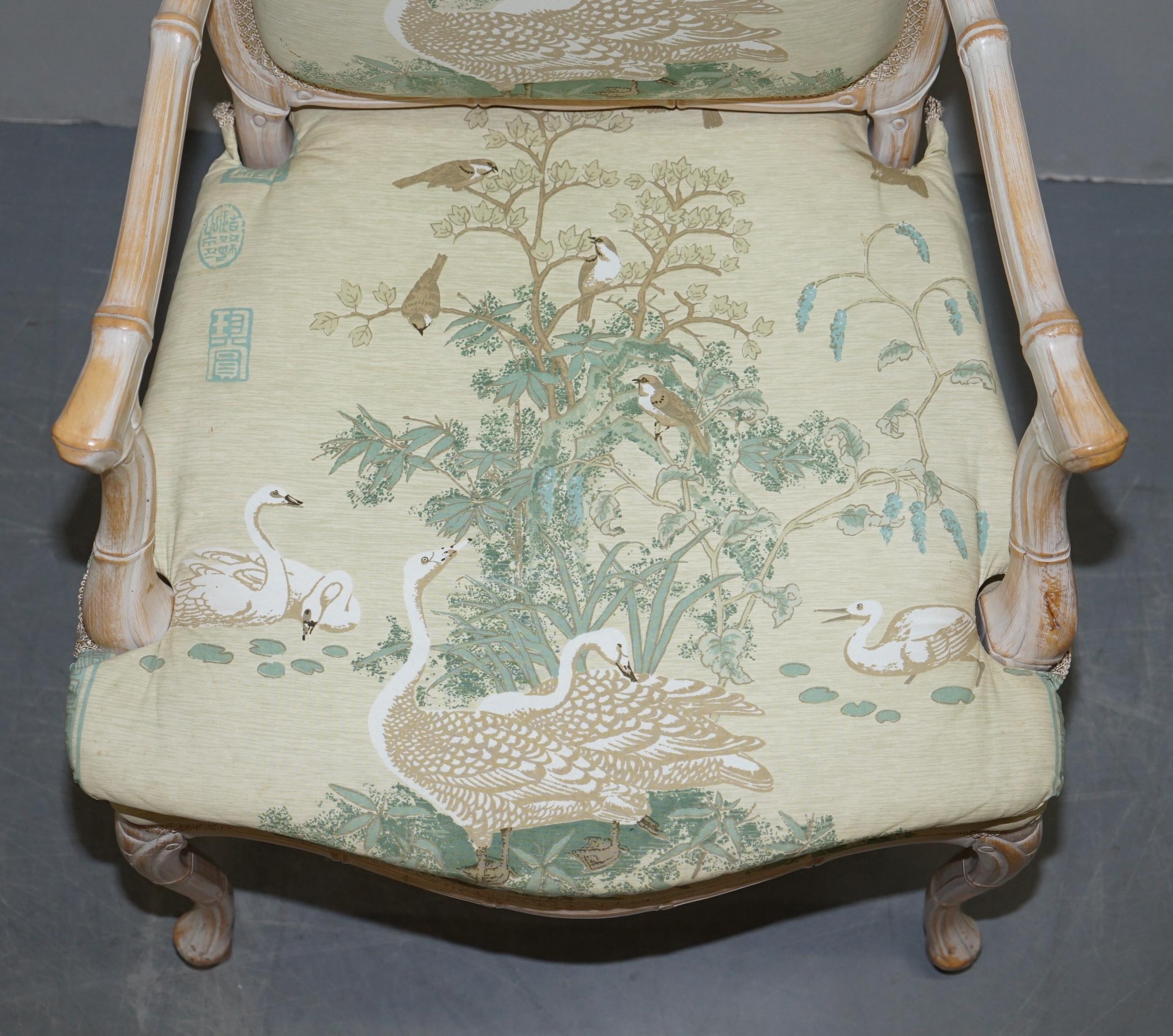 20th Century Vintage Suite of Ten Famboo Framed Dining Chairs with Swan & Birds Upholstery 10