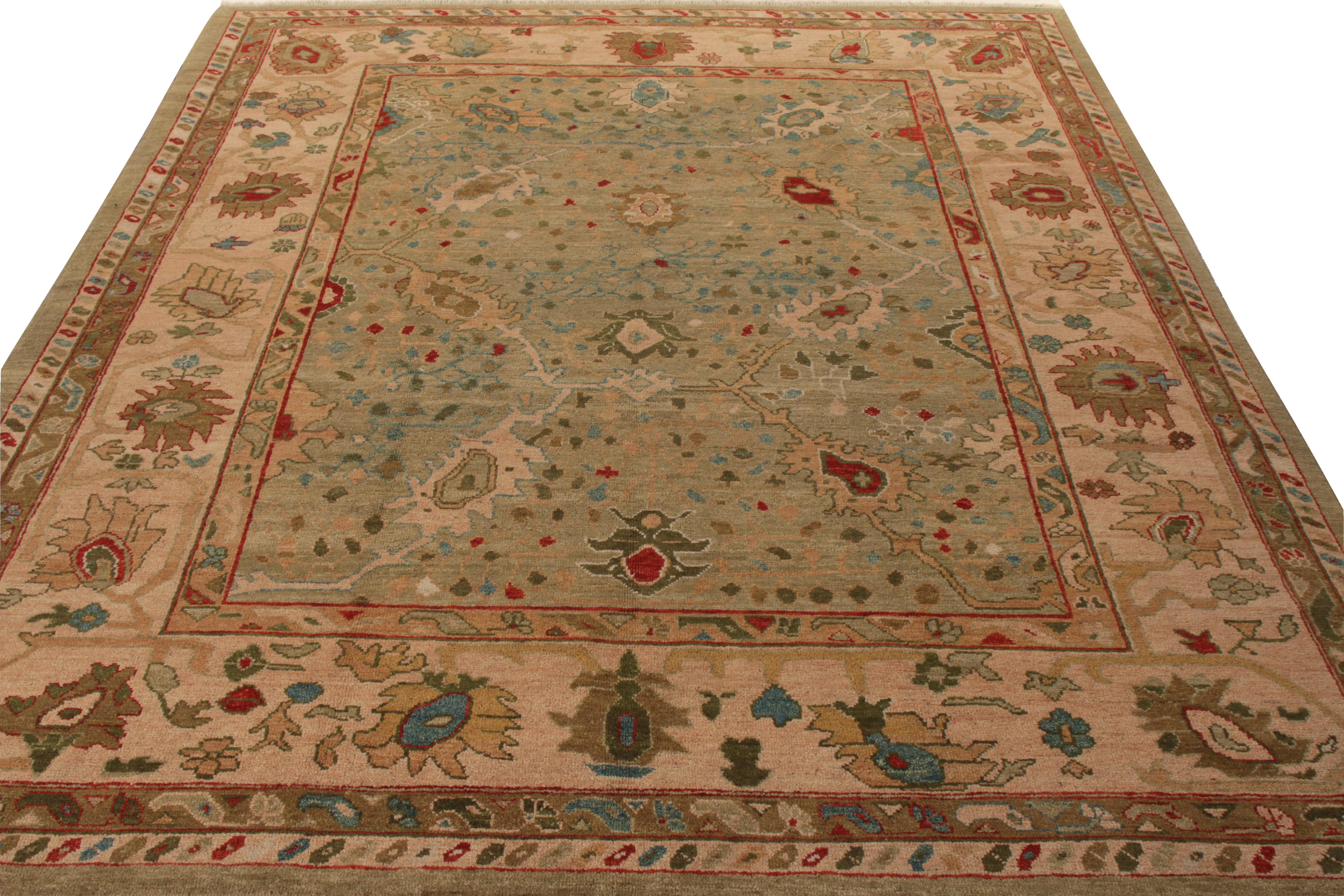 A 9×10 vintage Turkish Oushak style rug from Rug & Kilim’s Modern Classics Collection.

Hand knotted in wool, the rug is an impeccable drawing from the works of George Ravmamovich inspired by transitional Oushak rug styles, enjoying regal floral