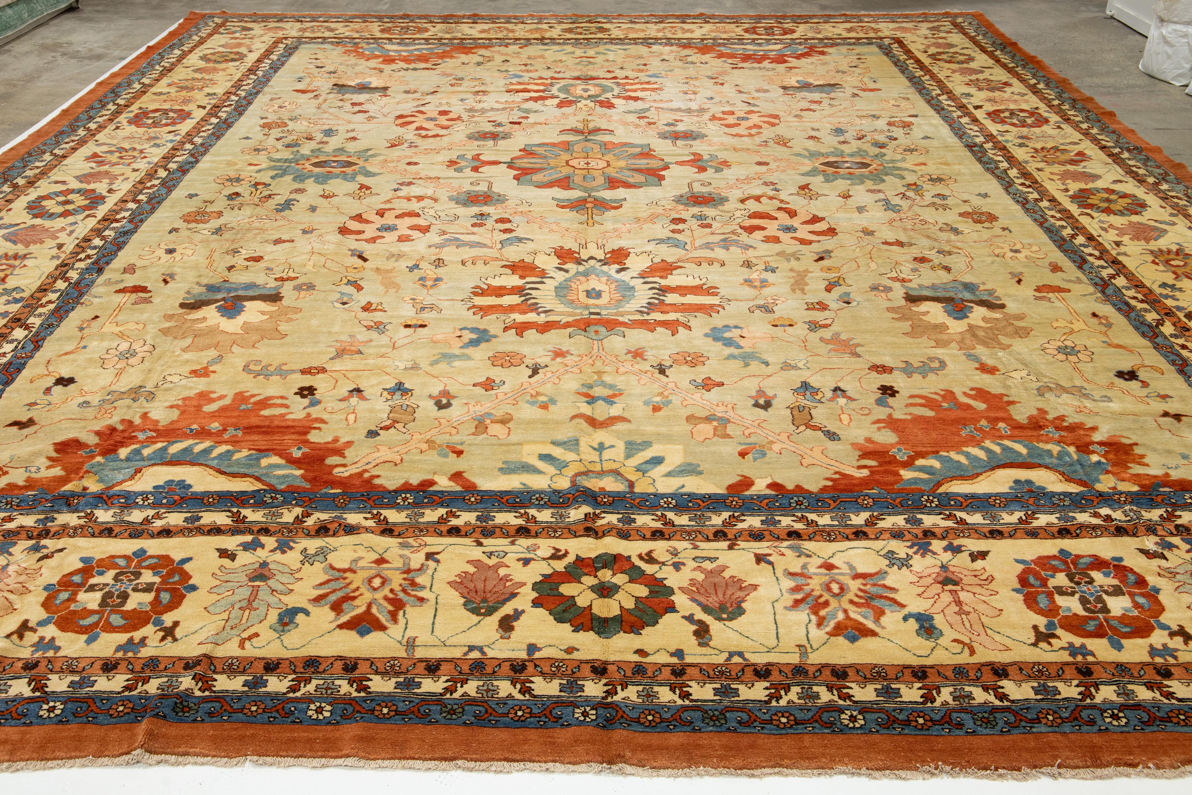 Vintage Sultanabad Wollteppich Handmade in Blau mit Rust Floral Design im Angebot 3