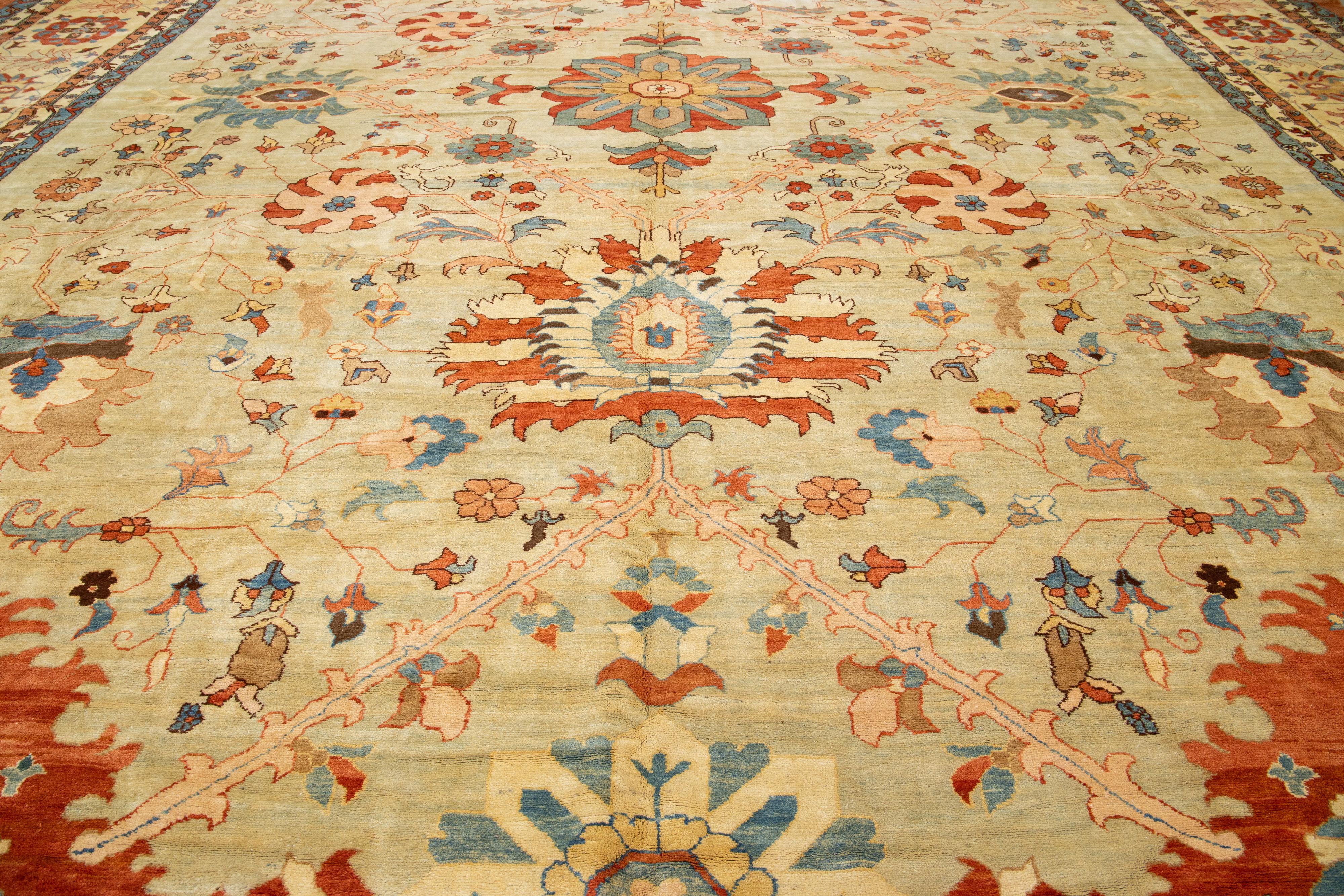 Vintage Sultanabad Wollteppich Handmade in Blau mit Rust Floral Design im Angebot 4