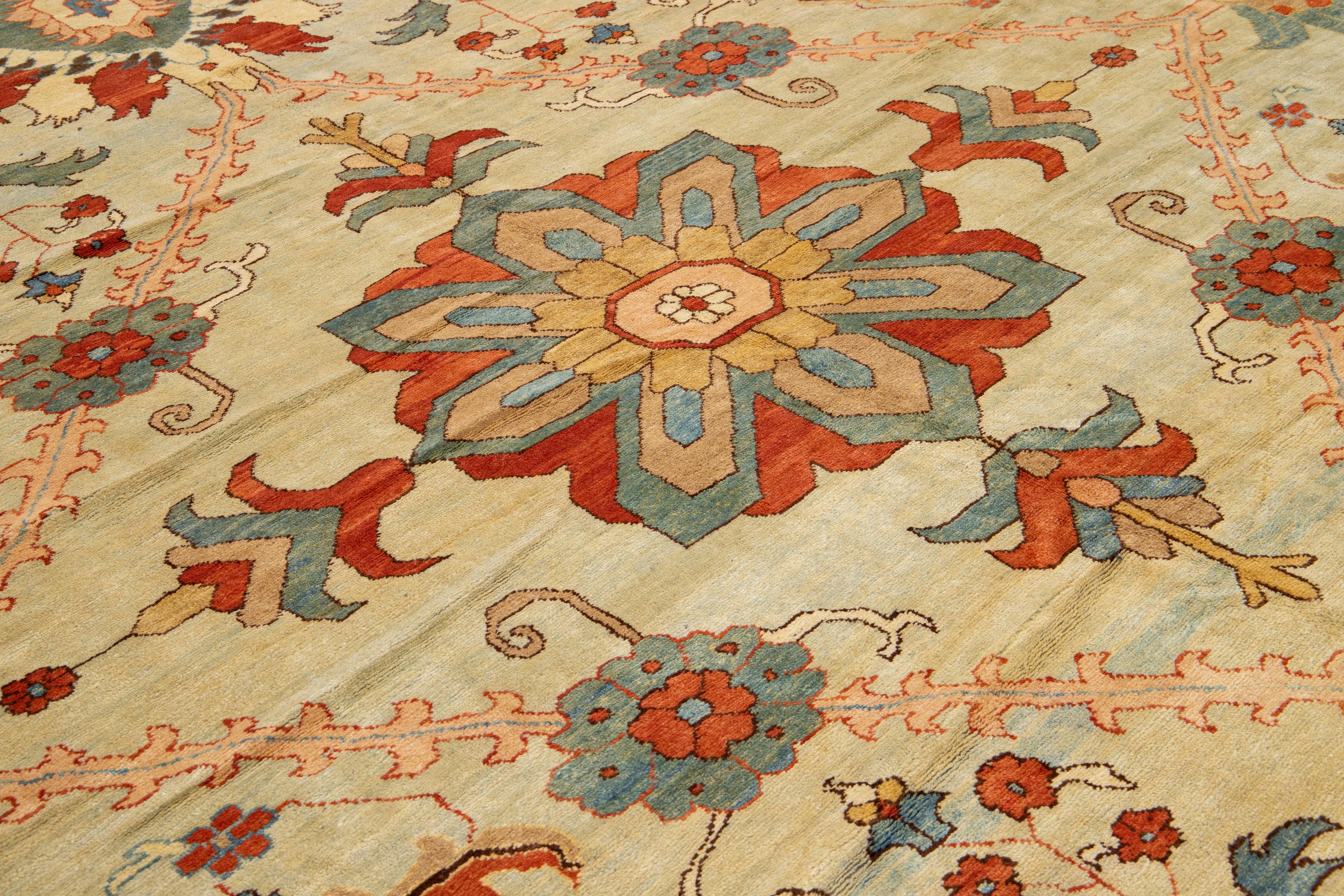 Vintage Sultanabad Wollteppich Handmade in Blau mit Rust Floral Design im Angebot 1
