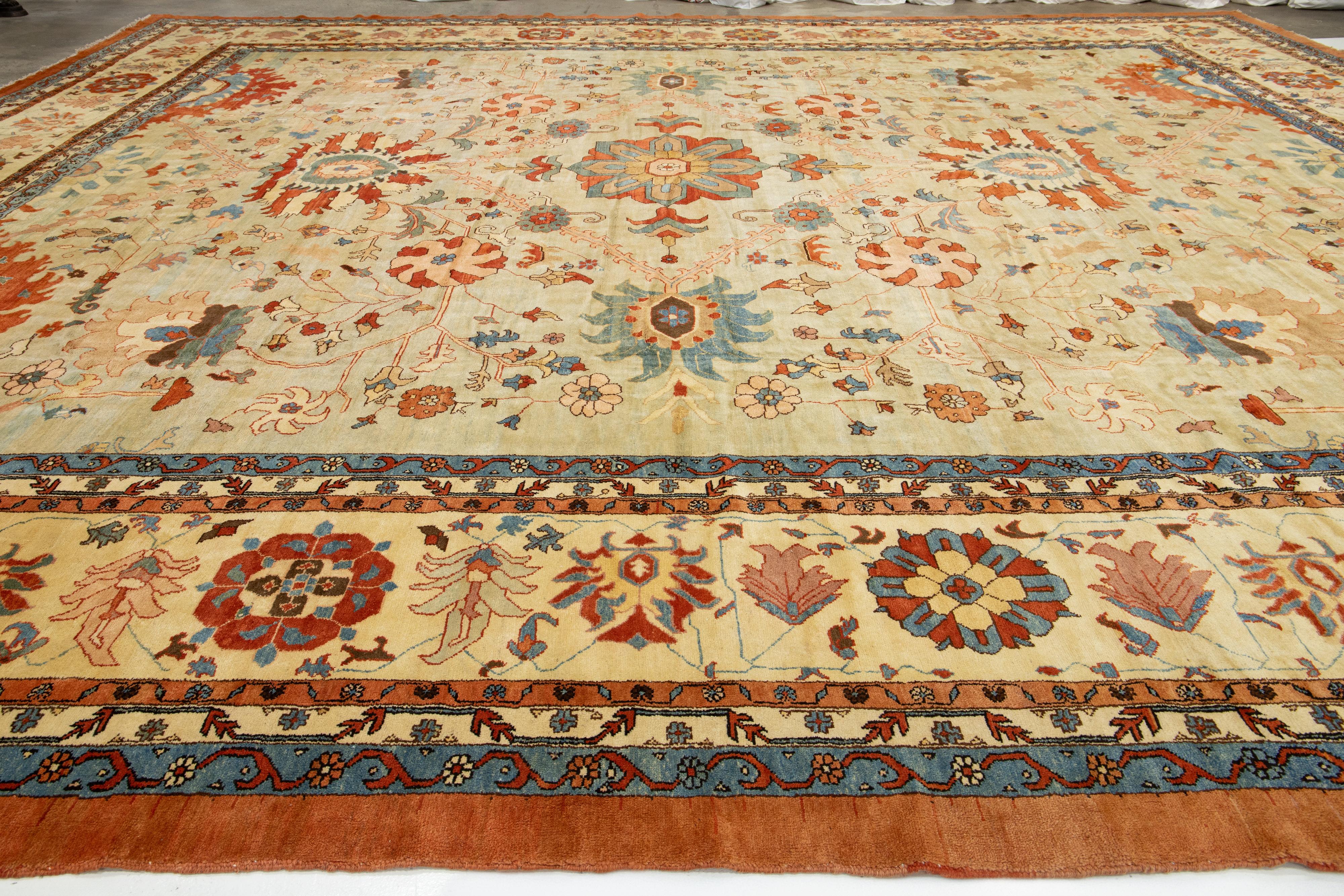 Vintage Sultanabad Wollteppich Handmade in Blau mit Rust Floral Design im Angebot 2