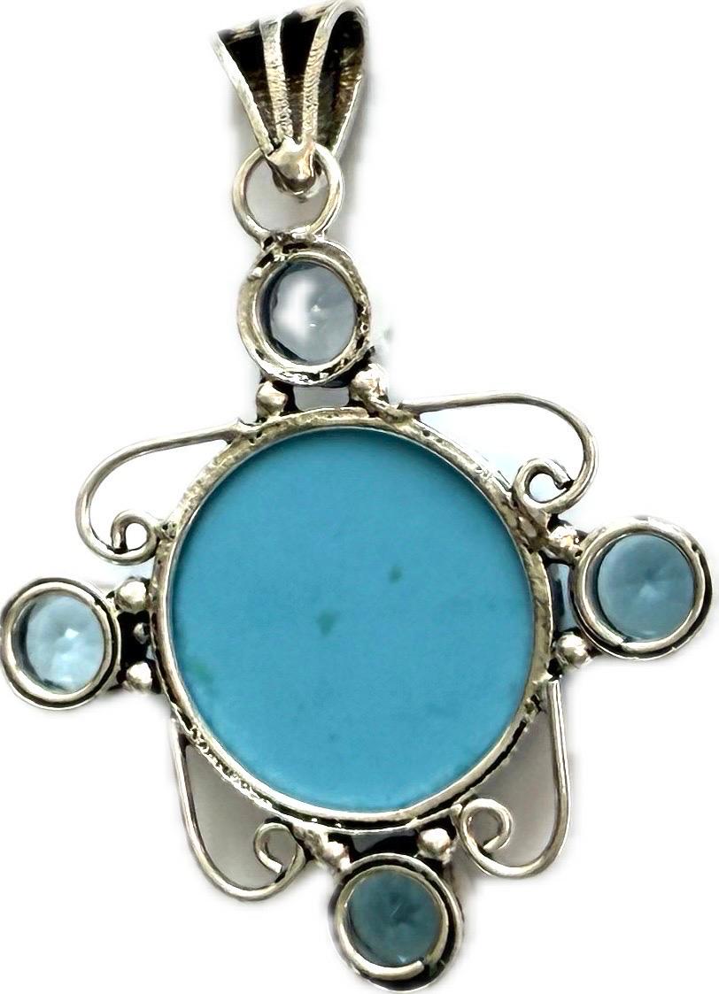 Vintage sun and moon turquoise, aquamarine 925 sterling silver pendant For Sale 4