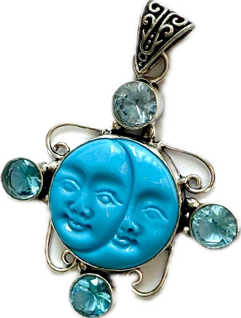 Vintage sun and moon turquoise, aquamarine 925 sterling silver pendant For Sale 5