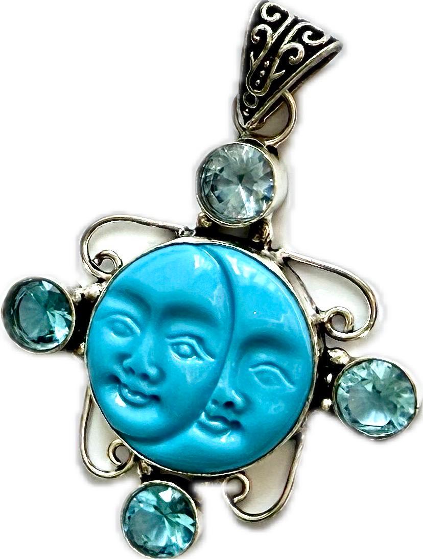 Vintage sun and moon turquoise, aquamarine 925 sterling silver pendant For Sale 6