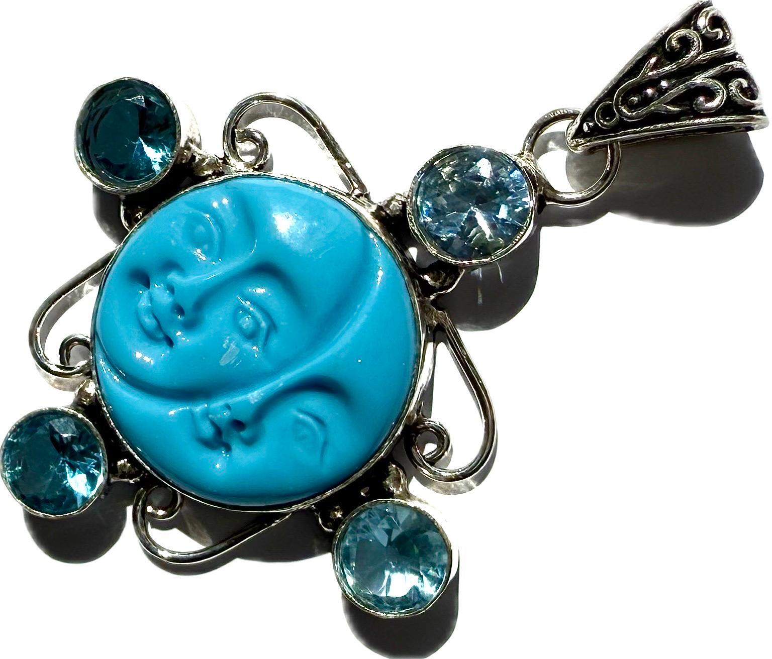 Vintage sun and moon turquoise, aquamarine 925 sterling silver pendant For Sale 7