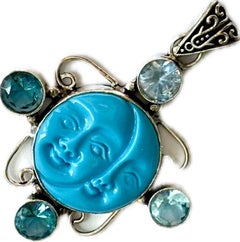 Ciondolo vintage in turchese, acquamarina e argento 925 con sole e luna