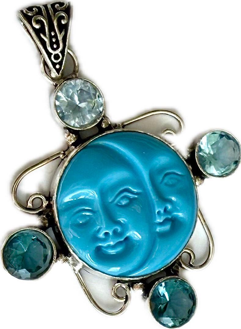 Artisan Vintage sun and moon turquoise, aquamarine 925 sterling silver pendant For Sale