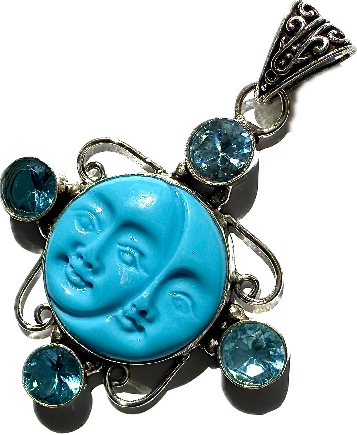Brilliant Cut Vintage sun and moon turquoise, aquamarine 925 sterling silver pendant For Sale