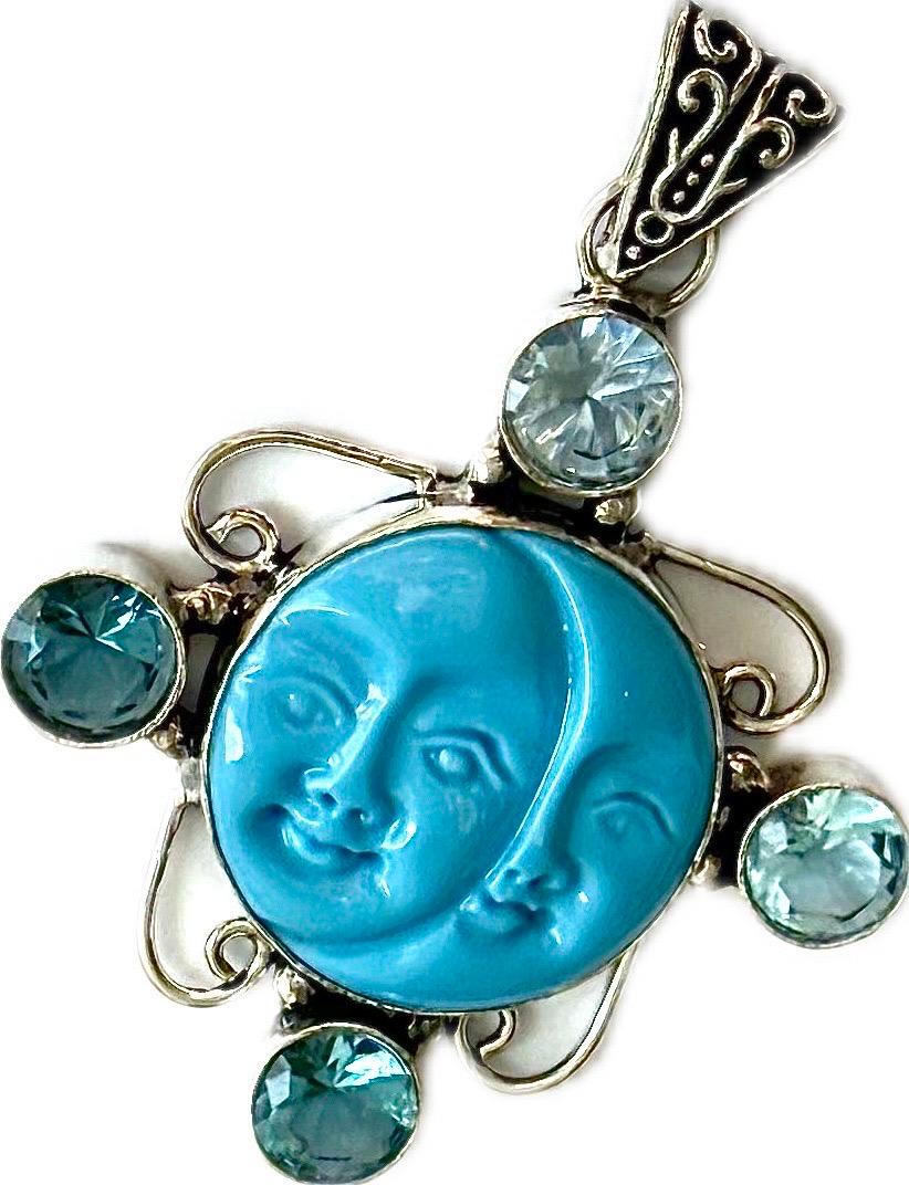 Women's or Men's Vintage sun and moon turquoise, aquamarine 925 sterling silver pendant For Sale