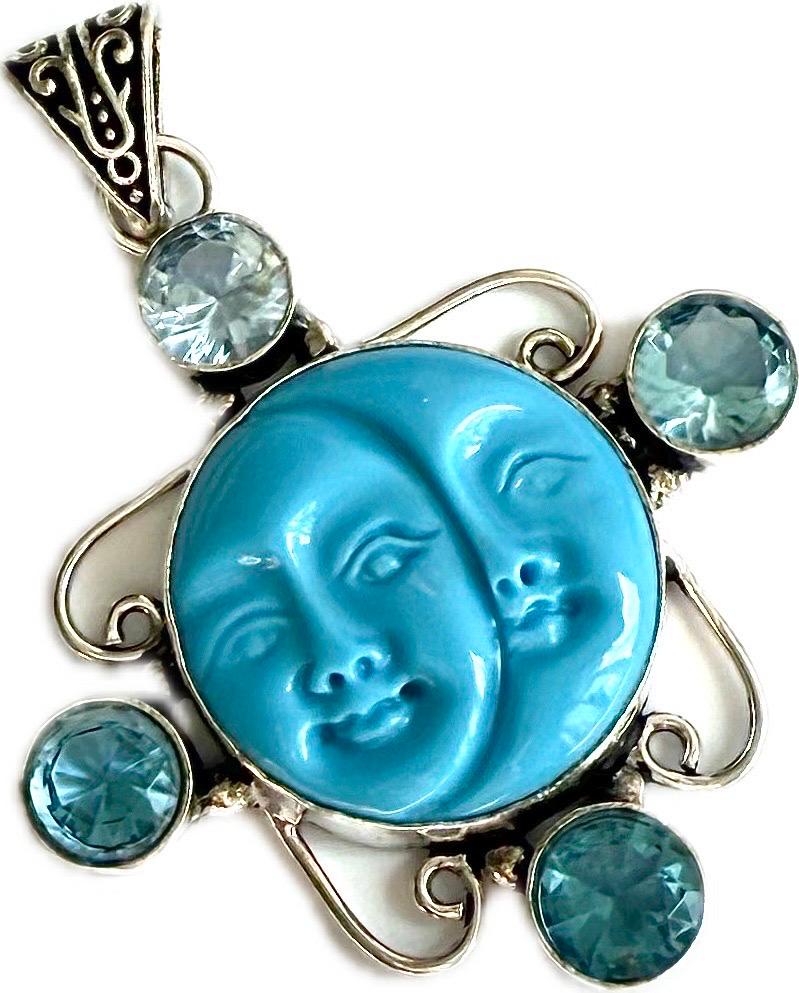 Vintage sun and moon turquoise, aquamarine 925 sterling silver pendant For Sale 1