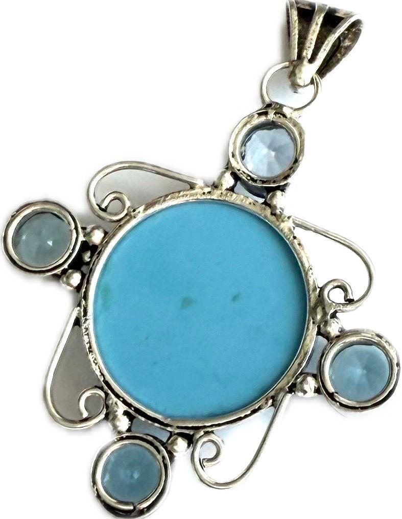 Vintage sun and moon turquoise, aquamarine 925 sterling silver pendant For Sale 2