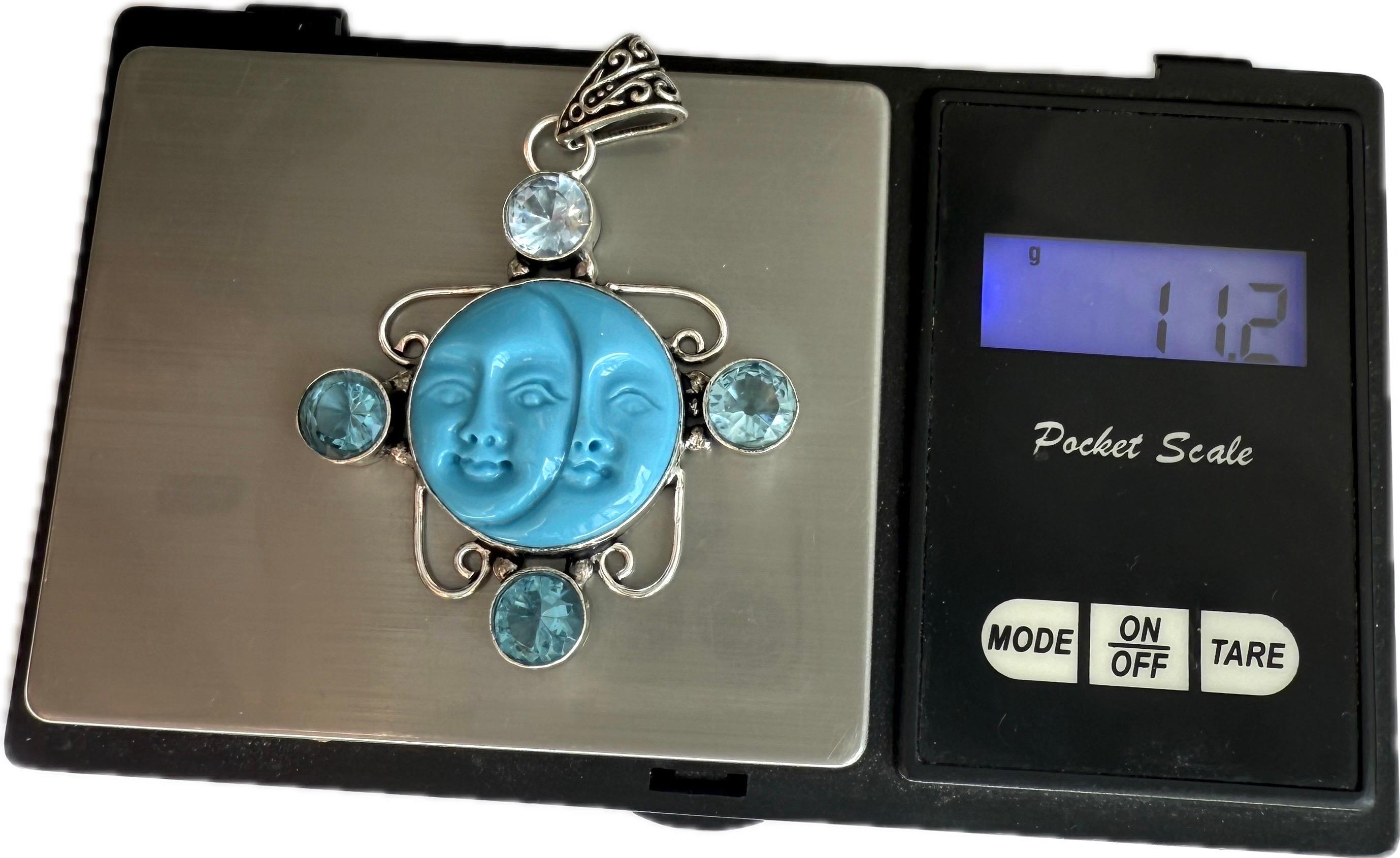 Vintage sun and moon turquoise, aquamarine 925 sterling silver pendant For Sale 3
