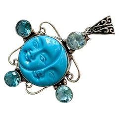 Vintage sun and moon turquoise, aquamarine 925 sterling silver pendant