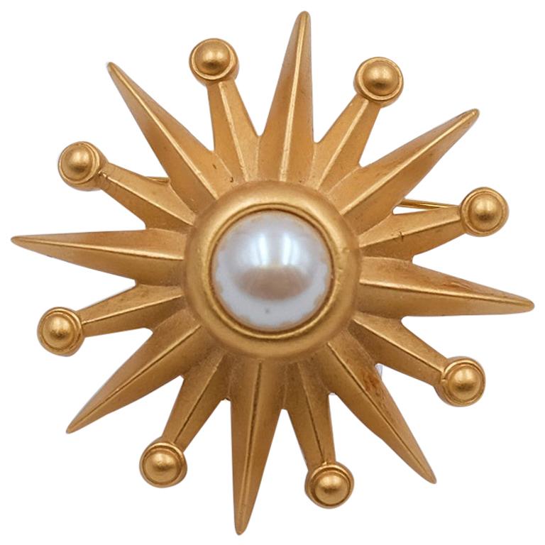 Vintage Sun Brooch With Faux Pearl 1990's