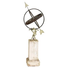 Retro Sun Clock or Armillary of Atlas Holding World on Pedestal