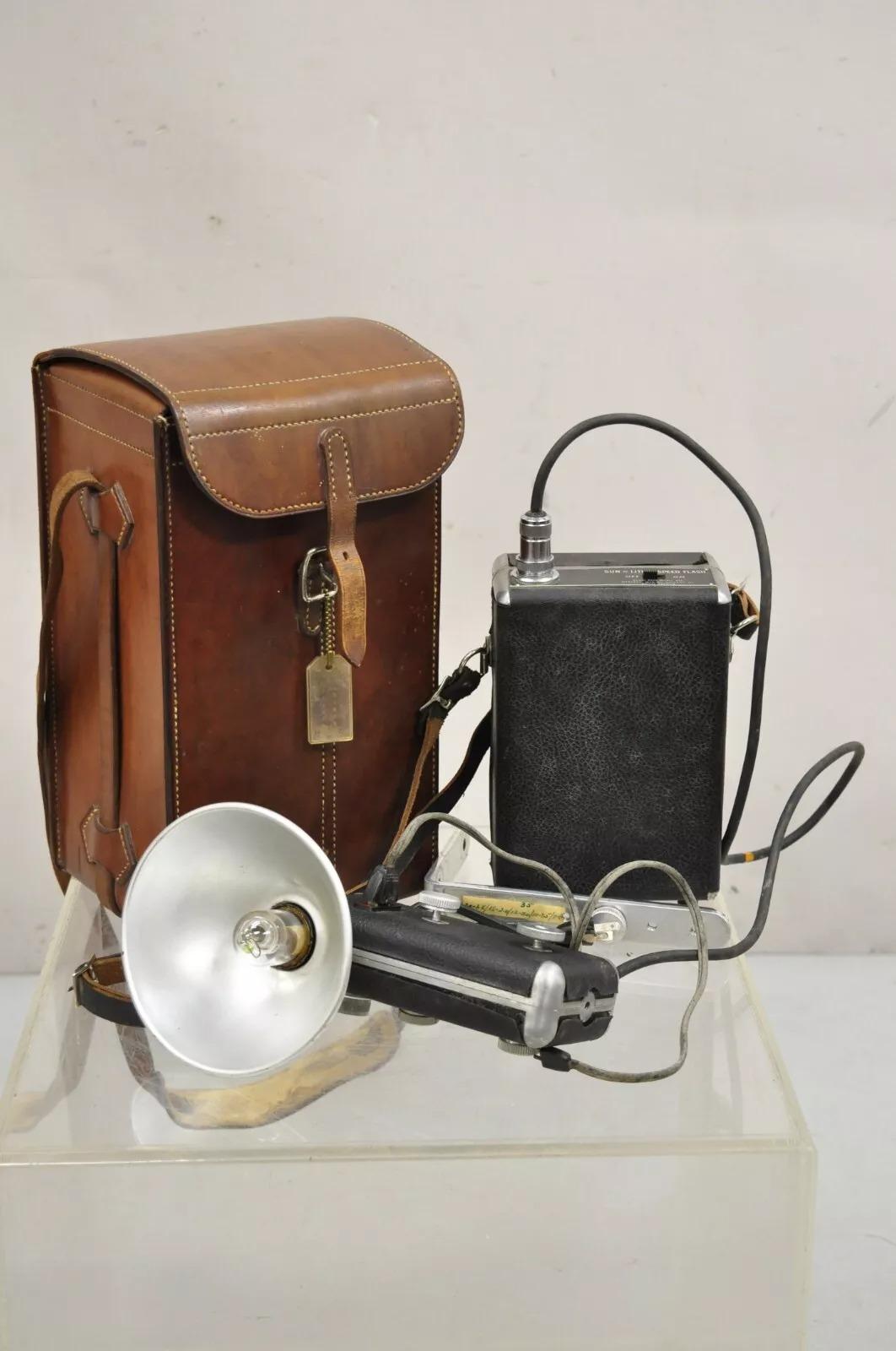 Vintage Sun Lite II Blitzgerät und tragbares Akkupack in brauner Ledertasche im Angebot 6