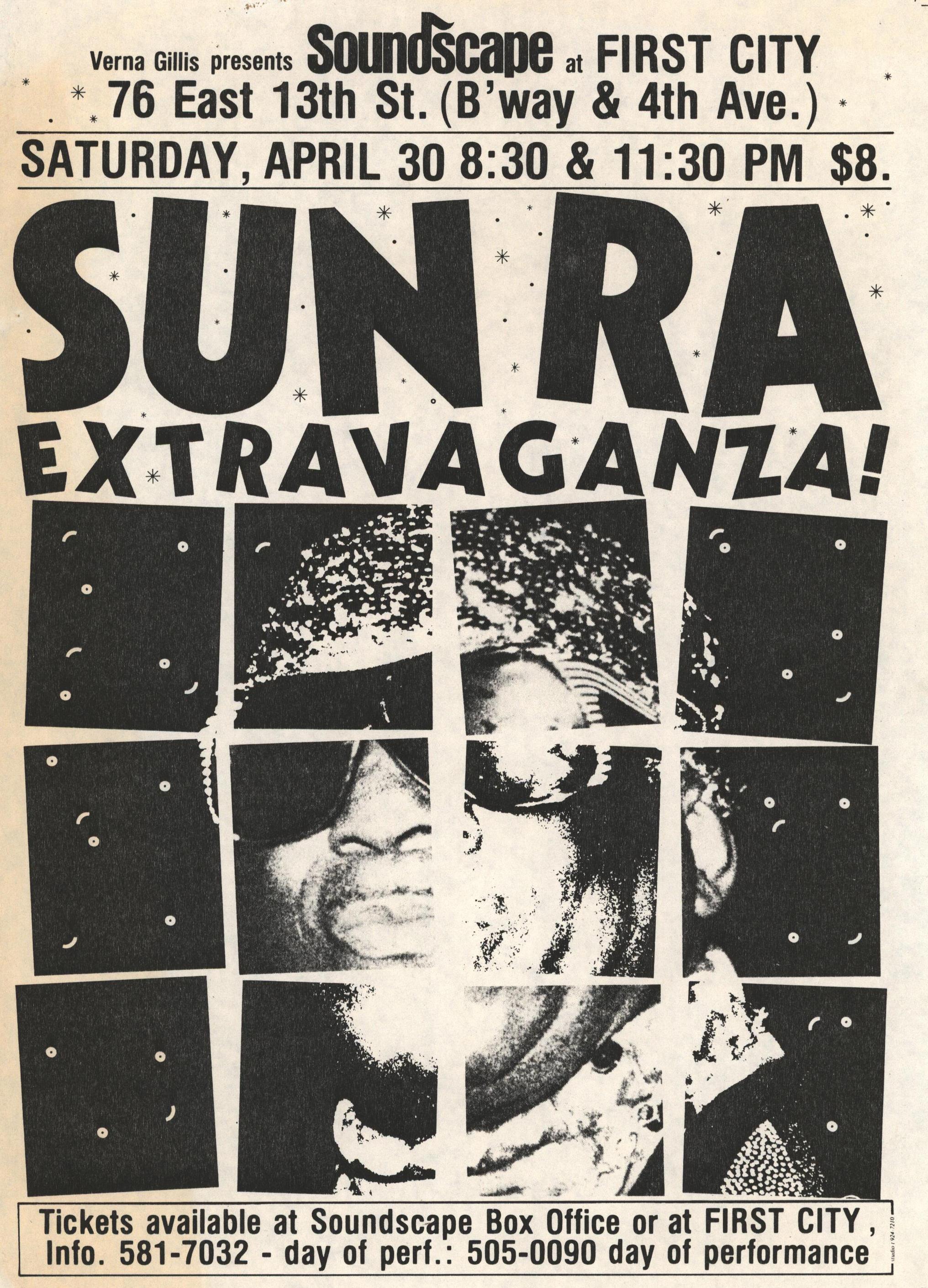 Folleto vintage de un concierto de Sun Ra en Nueva York, de finales de los 70/principios de los 80:
Publicado con motivo de Sun Ra Extravaganza en el local First City de NYC. 

Folleto del club impreso en offset hacia finales de los 70/principios de