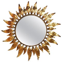 Vintage Sunburst Mirror Gilt Metal, France 1930-1935