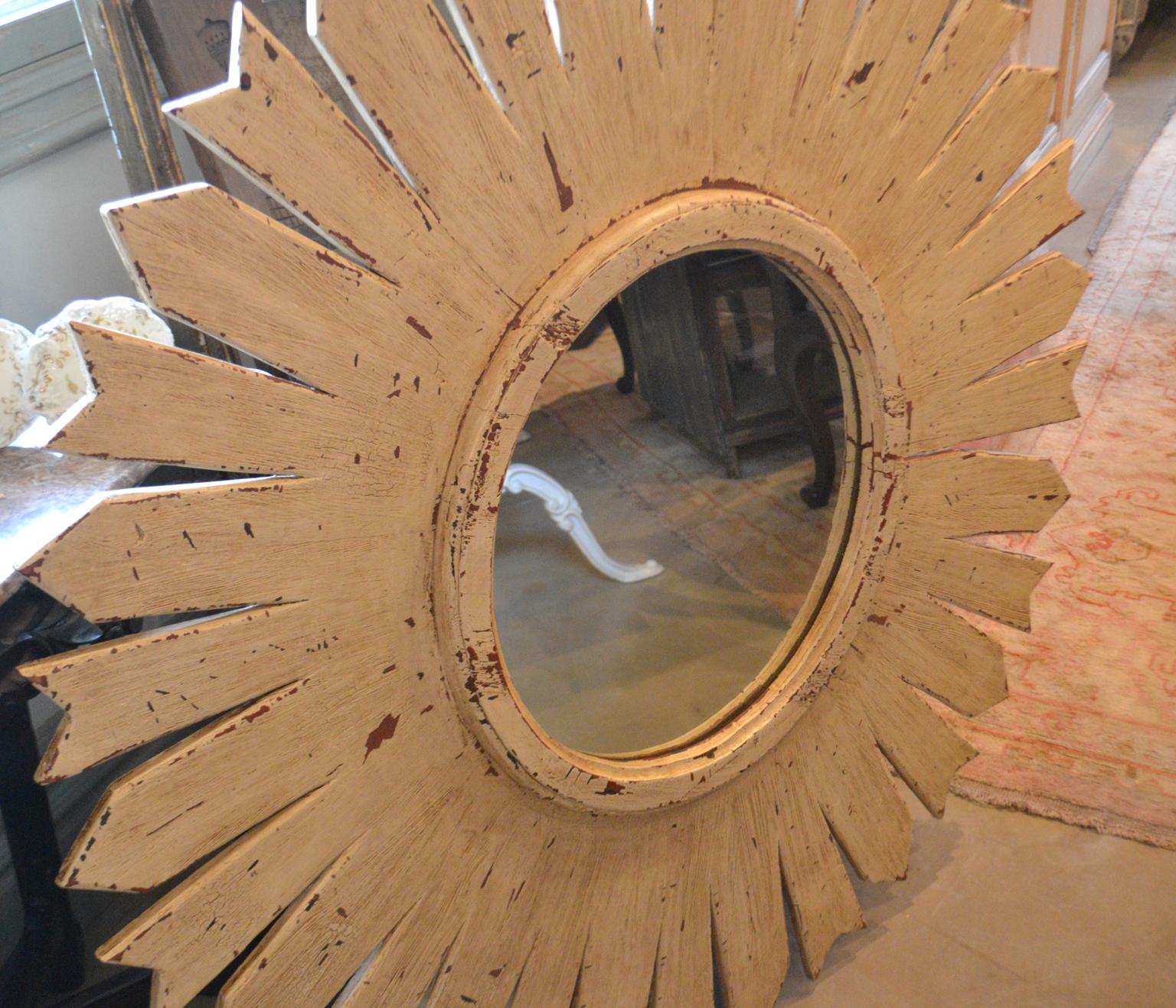French Vintage Sunburst Mirror in Wooden Frame For Sale