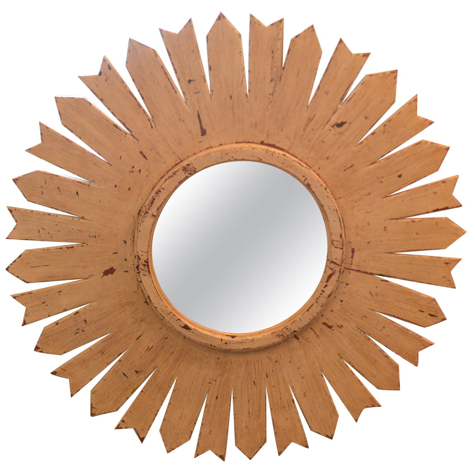 Vintage Sunburst Mirror in Wooden Frame For Sale