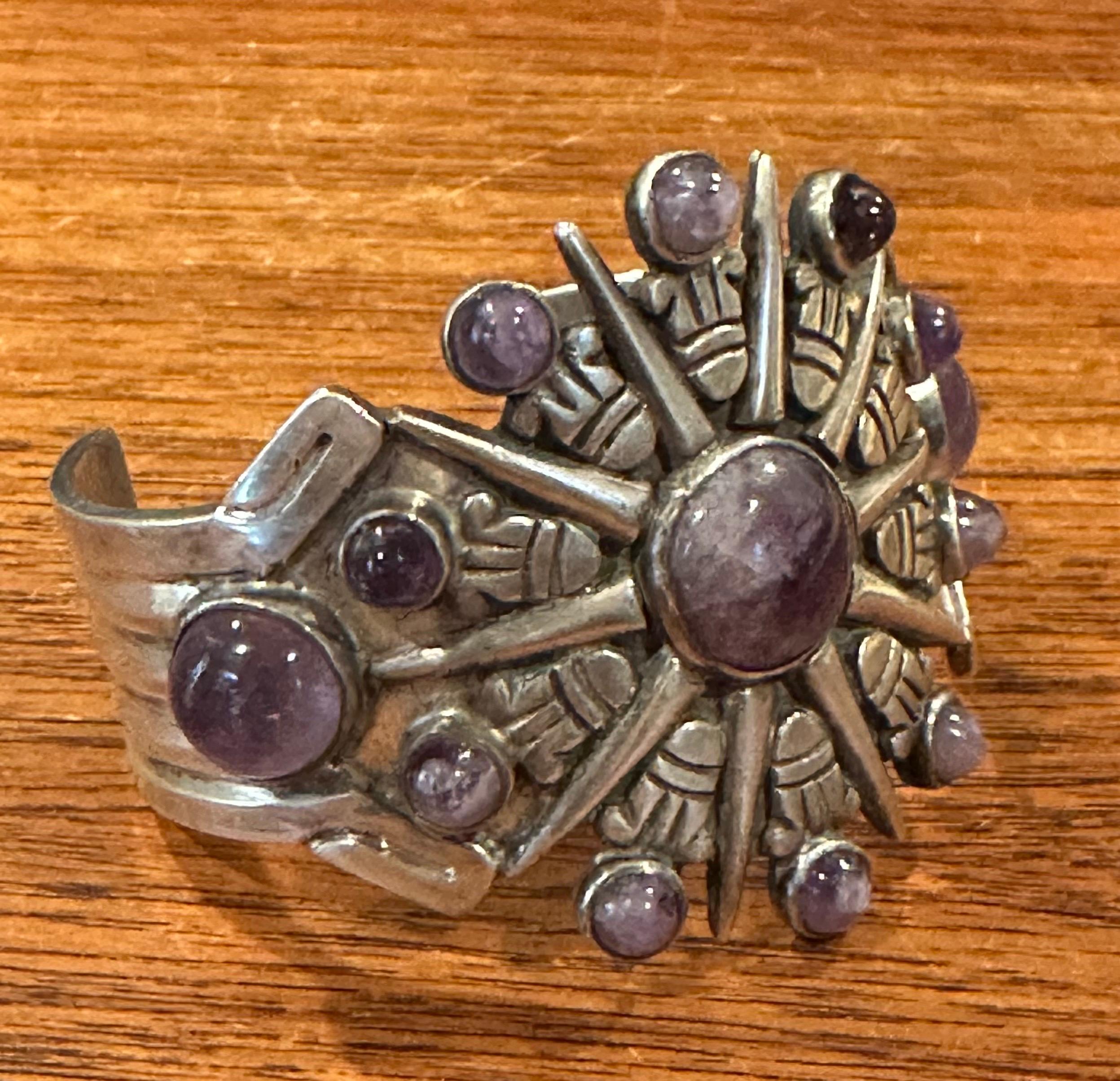 Vintage Sunburst Silver & Amethyst Cuff & Pendant / Brooch by William Spratling For Sale 2