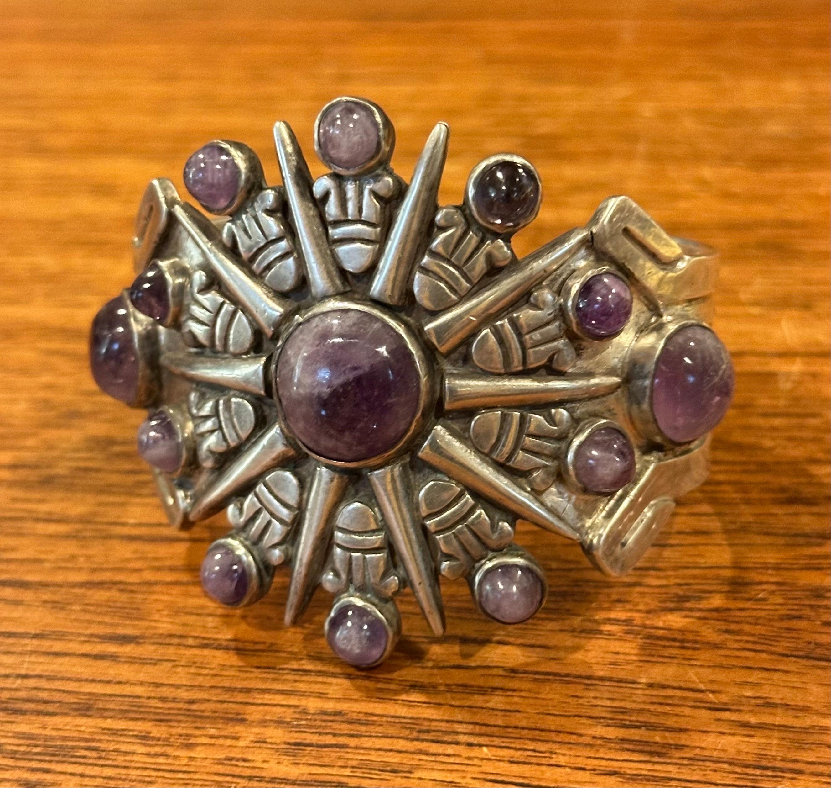 Vintage Sunburst Silver & Amethyst Cuff & Pendant / Brooch by William Spratling For Sale 3