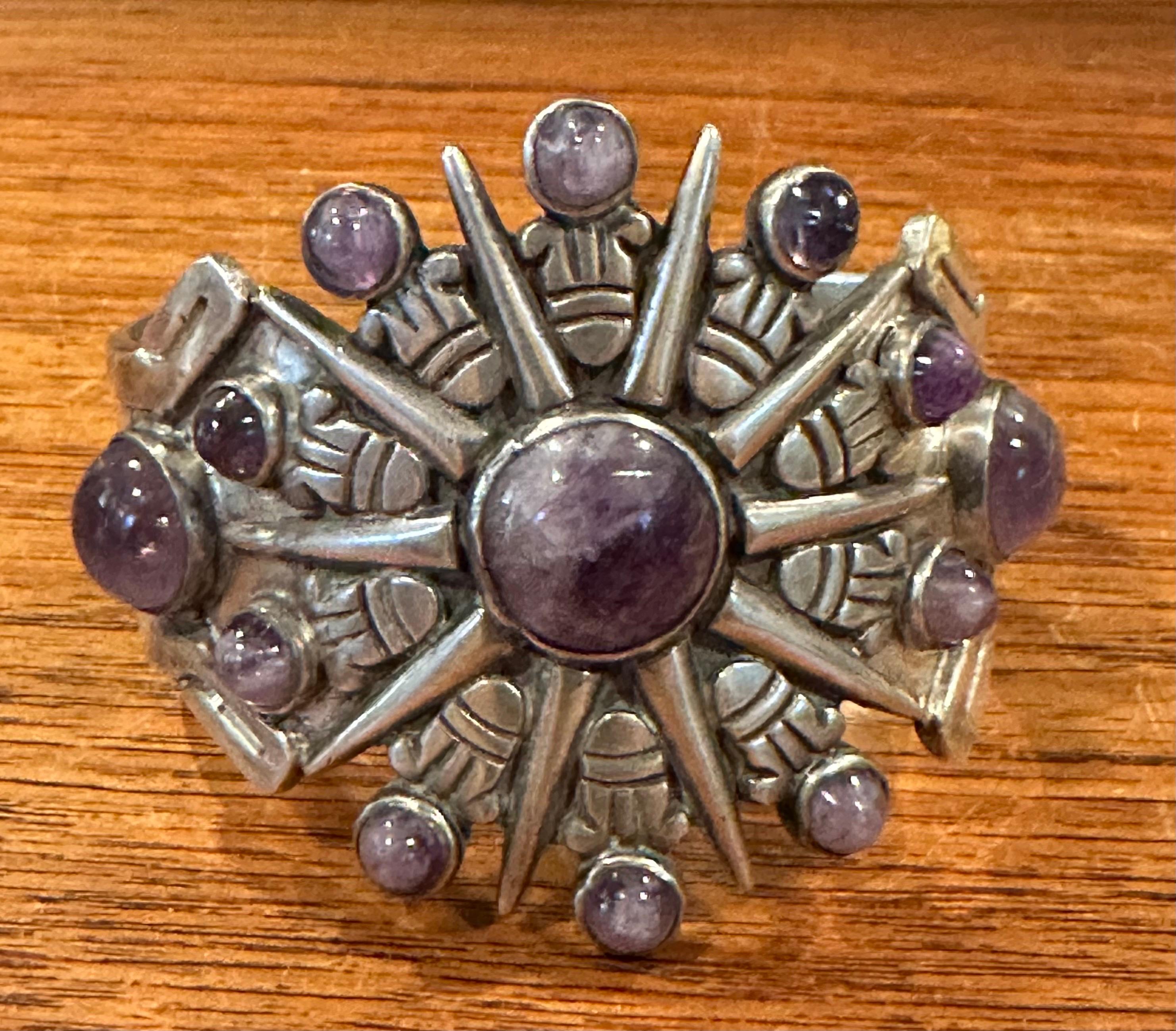 Vintage Sunburst Silver & Amethyst Cuff & Pendant / Brooch by William Spratling For Sale 4