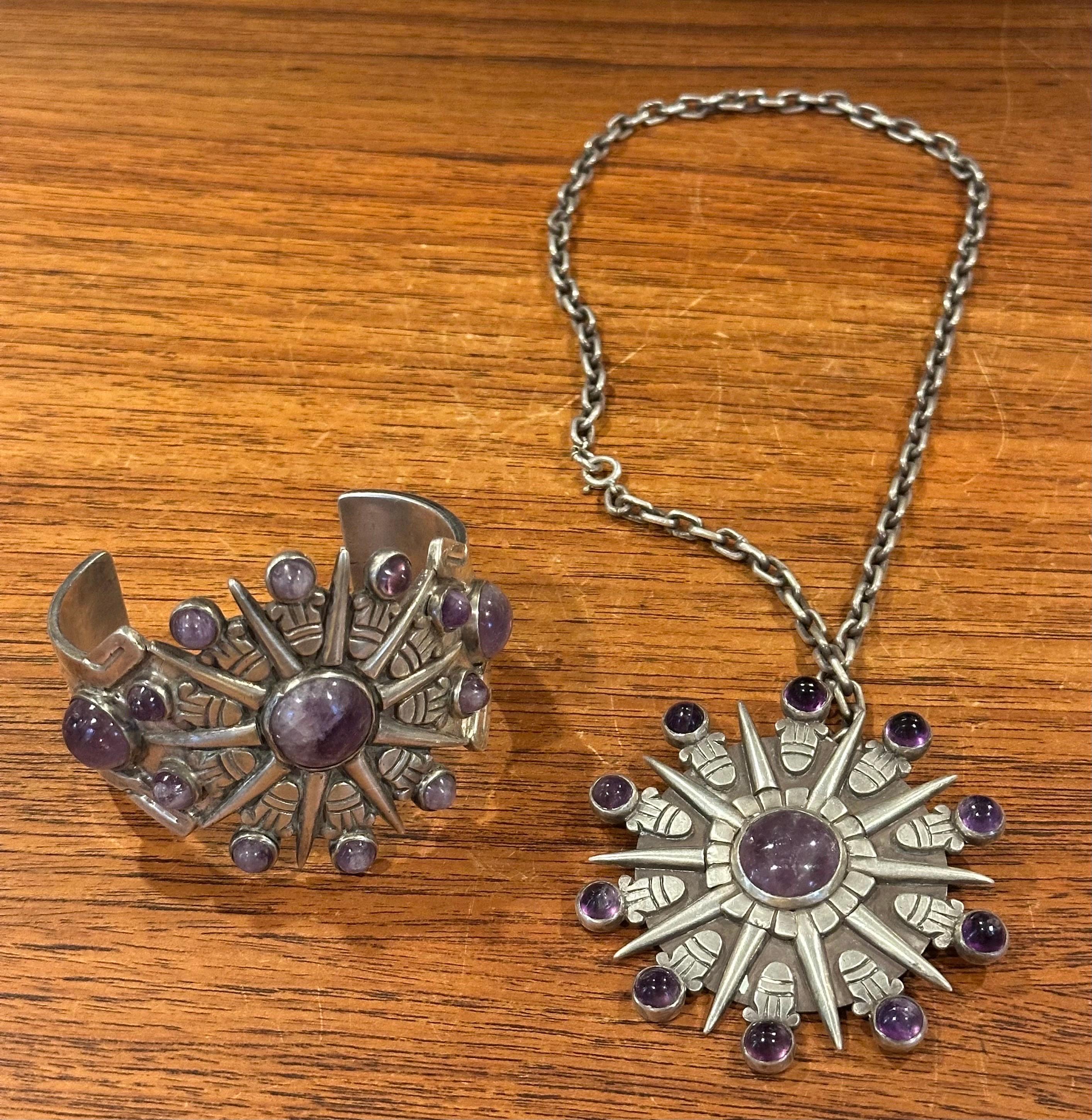 Vintage Sunburst Silver & Amethyst Cuff & Pendant / Brooch by William Spratling For Sale 11