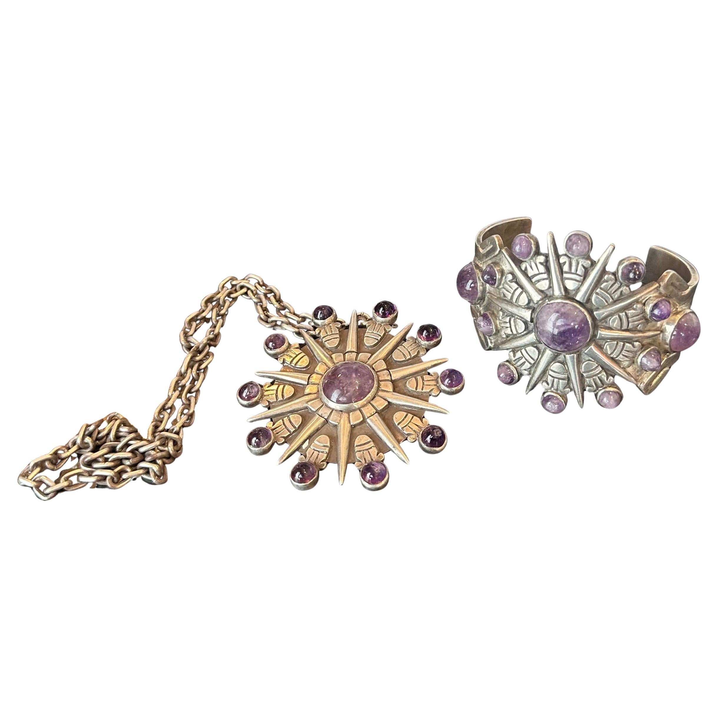 Vintage Sunburst Silver & Amethyst Cuff & Pendant / Brooch by William Spratling For Sale 12