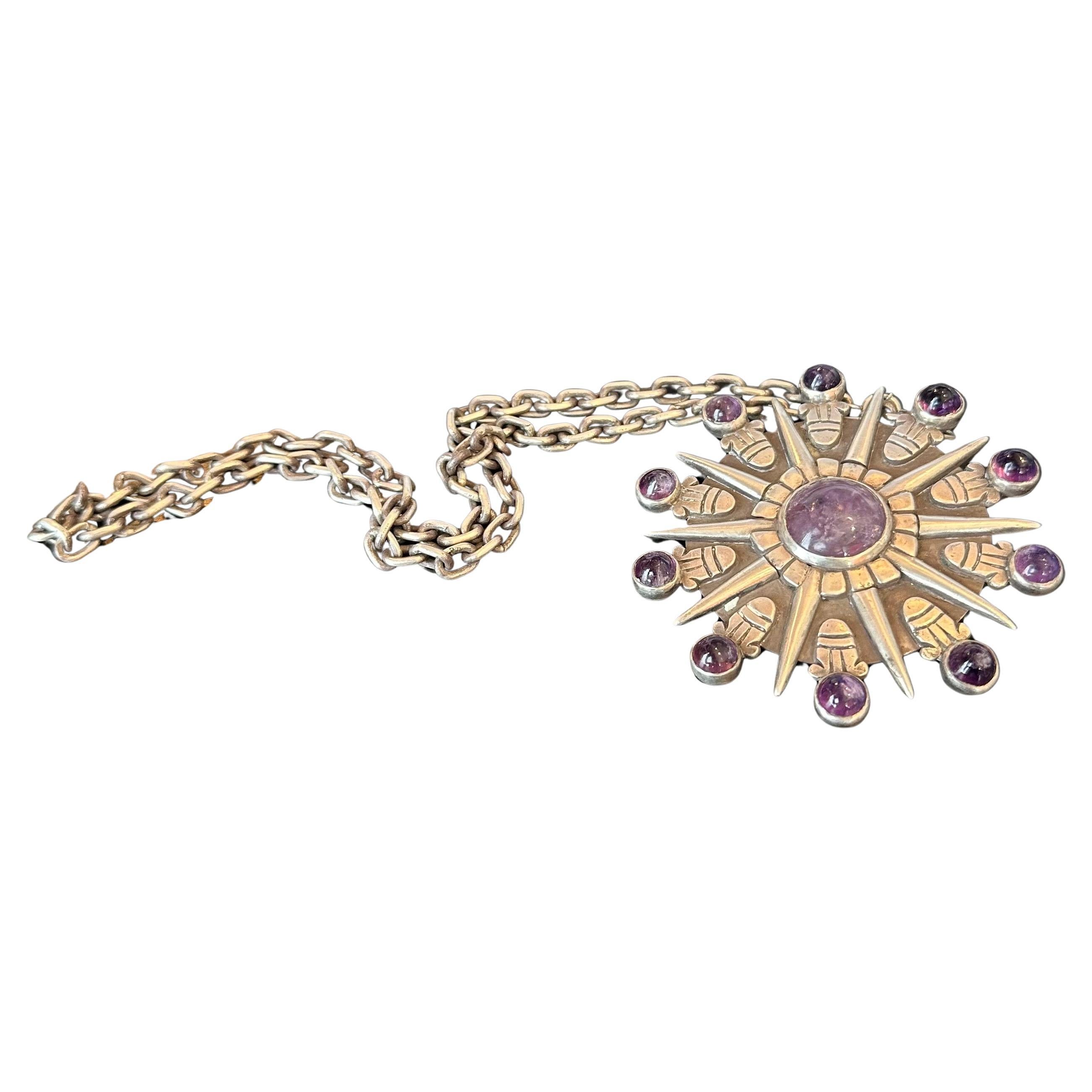 Mexican Vintage Sunburst Silver & Amethyst Cuff & Pendant / Brooch by William Spratling For Sale