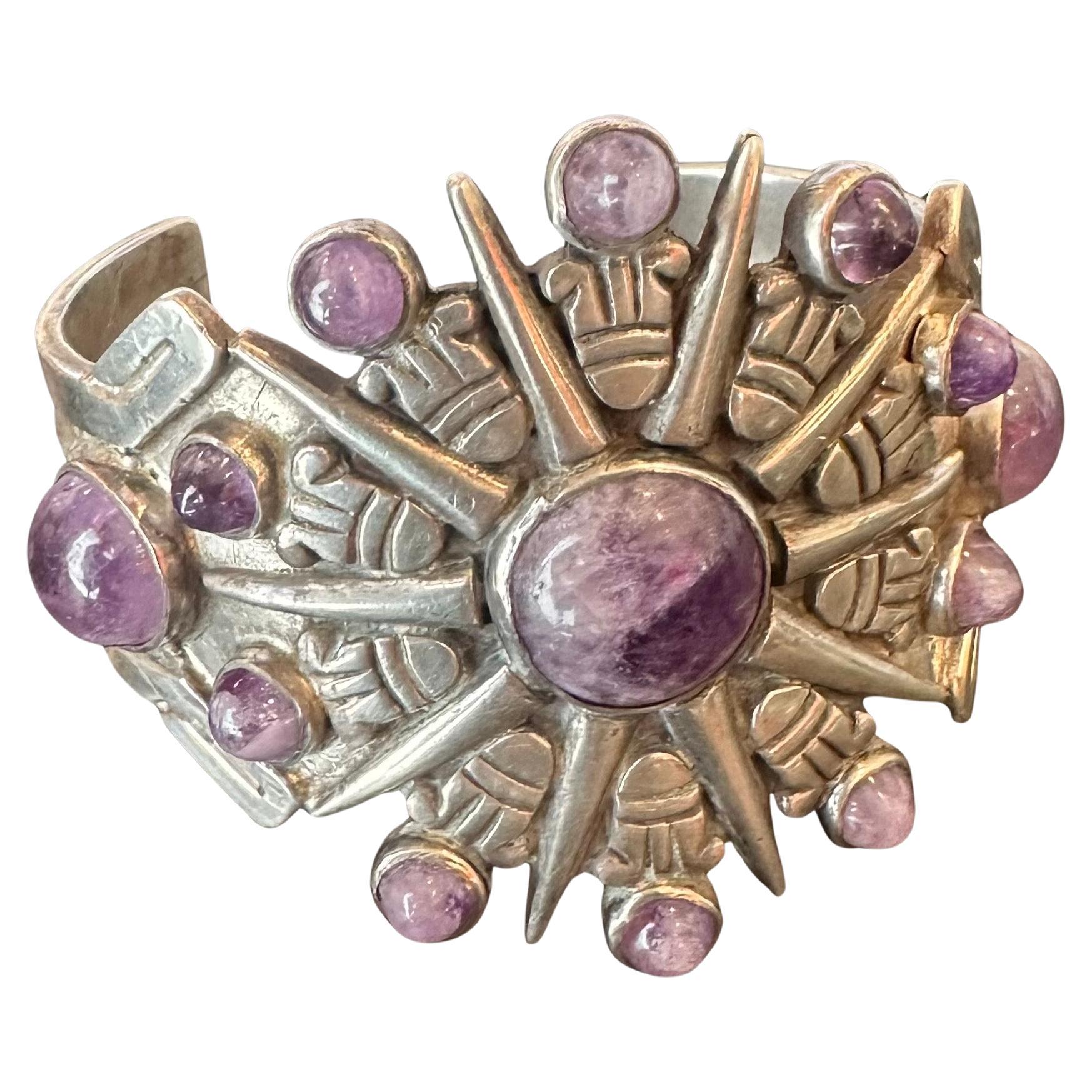 Hand-Crafted Vintage Sunburst Silver & Amethyst Cuff & Pendant / Brooch by William Spratling For Sale