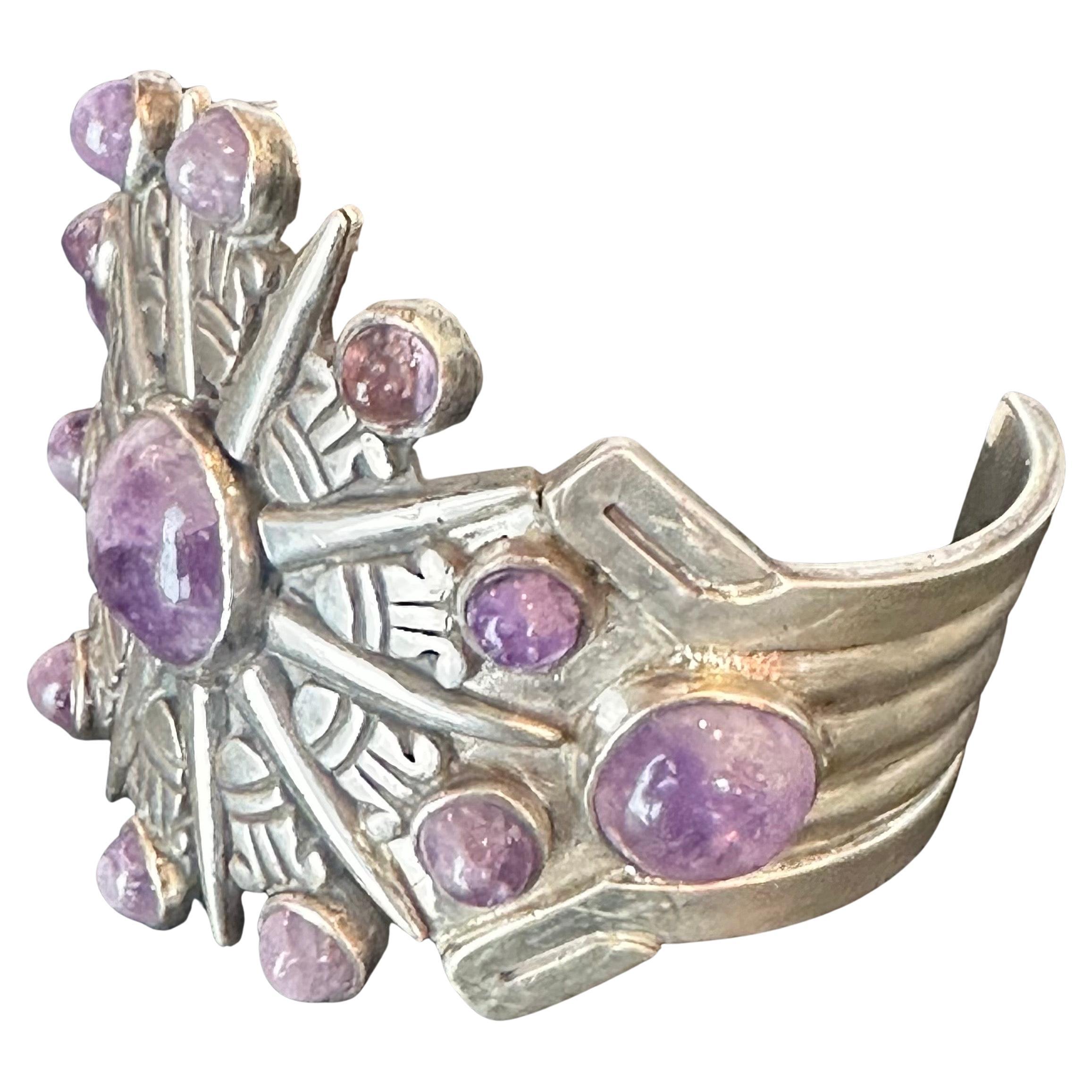 Vintage Sunburst Silver & Amethyst Cuff & Pendant / Brooch by William Spratling In Good Condition For Sale In San Diego, CA