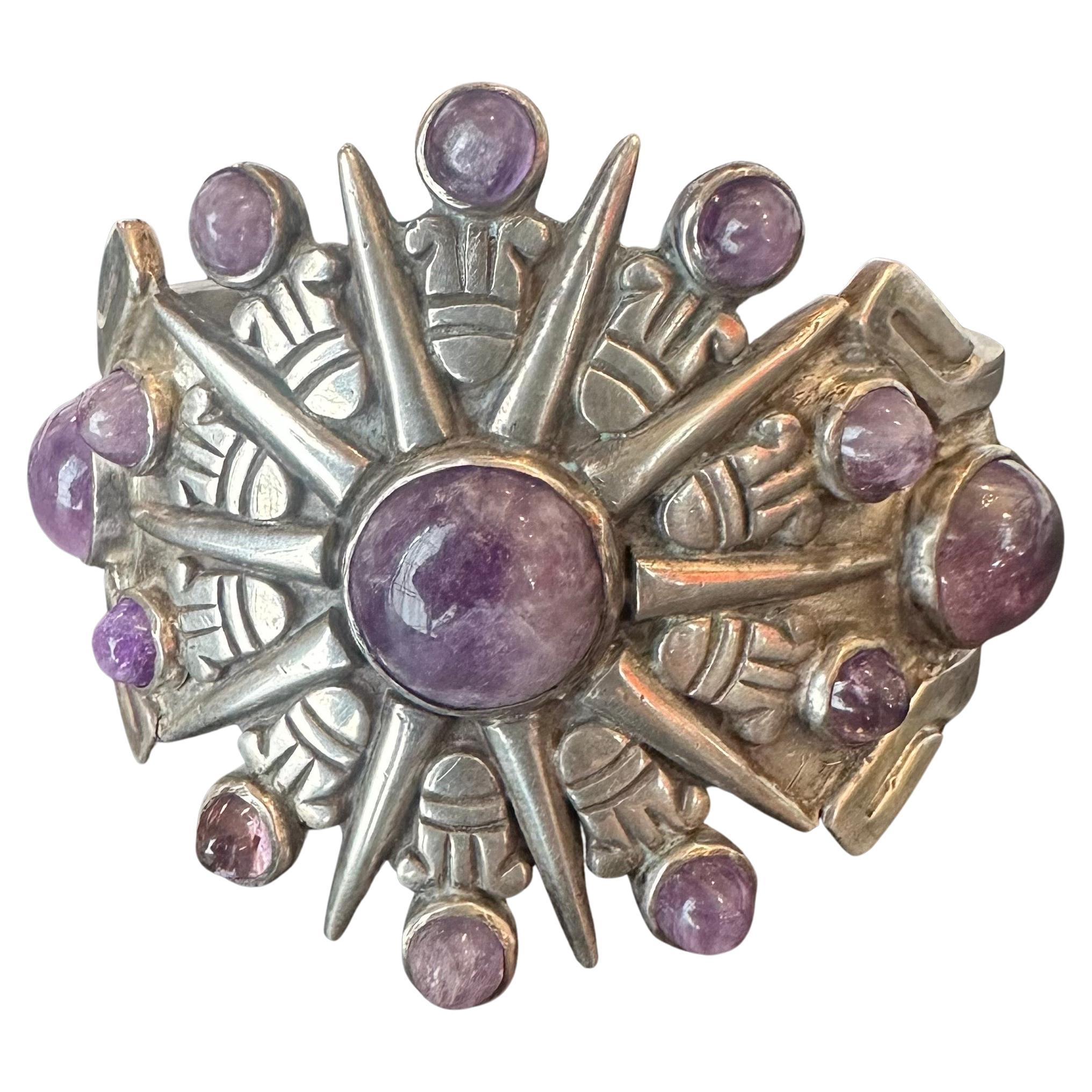 20th Century Vintage Sunburst Silver & Amethyst Cuff & Pendant / Brooch by William Spratling For Sale