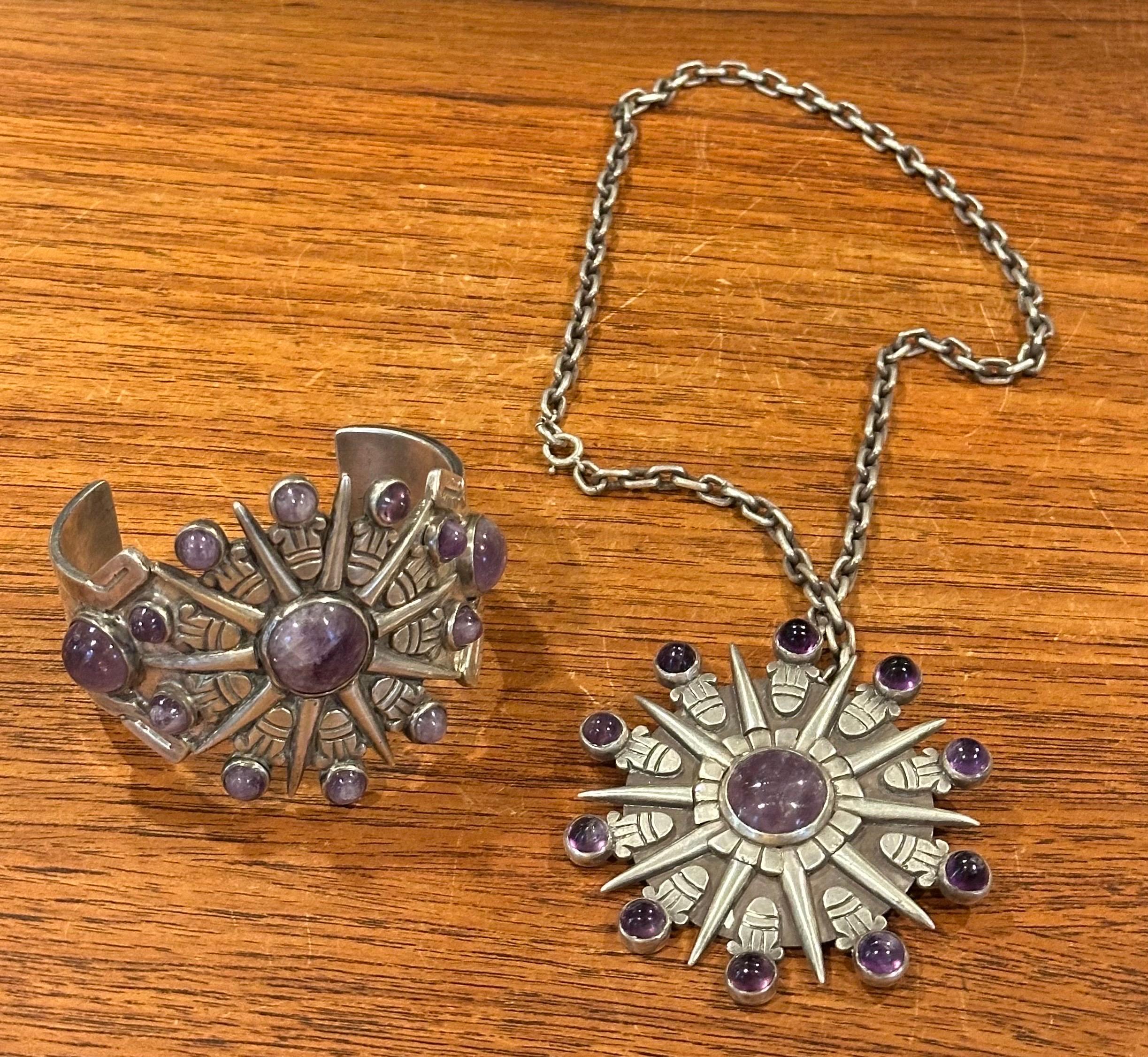 Sterling Silver Vintage Sunburst Silver & Amethyst Cuff & Pendant / Brooch by William Spratling For Sale