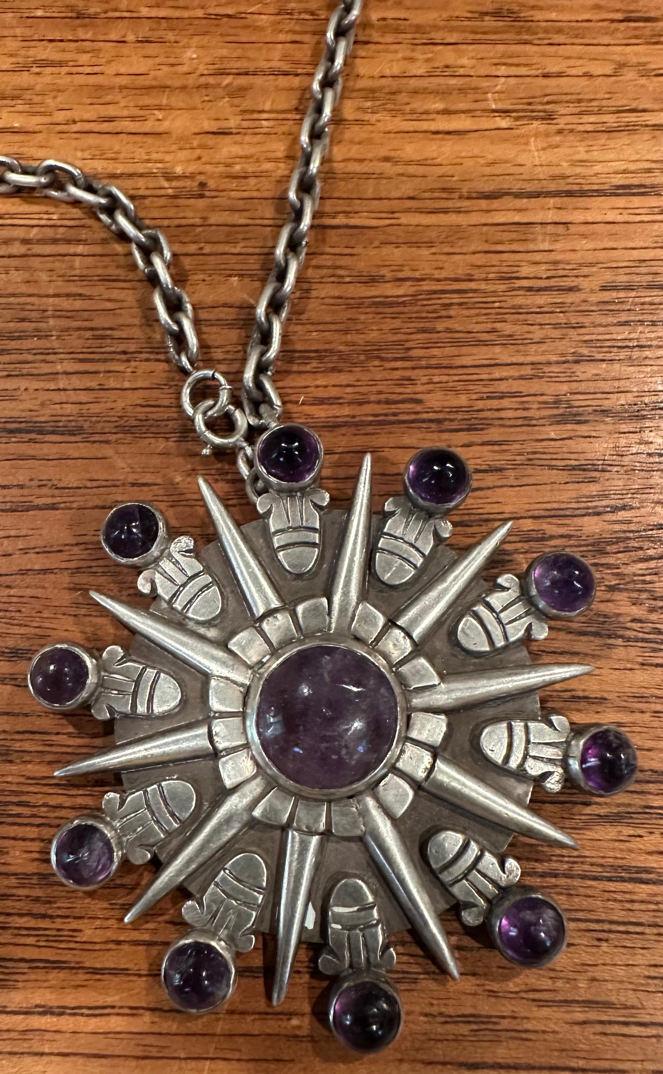 Vintage Sunburst Silver & Amethyst Cuff & Pendant / Brooch by William Spratling For Sale 1