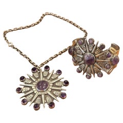 Vintage Sunburst Silber & Amethyst Manschette & Anhänger / Brosche von William Spratling