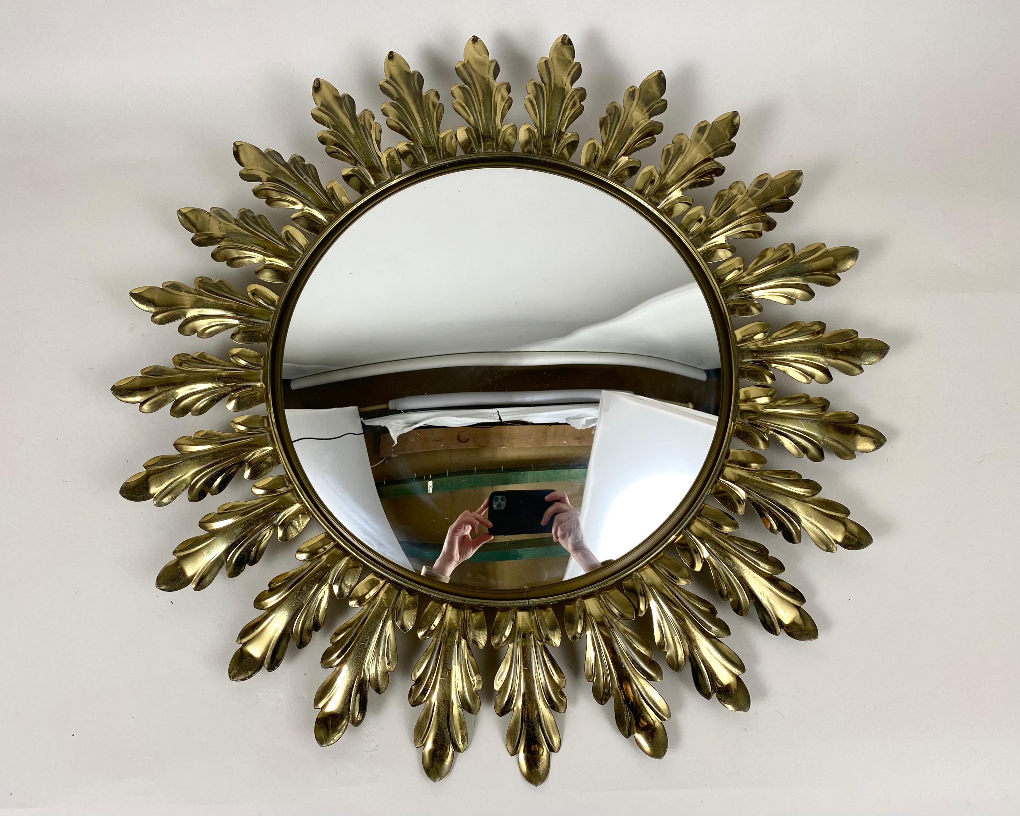 Mid-Century Modern Vintage Sunburst Wall Mirror in Solid Oak Leaves Metal Frame, Belgium, 1950s For Sale