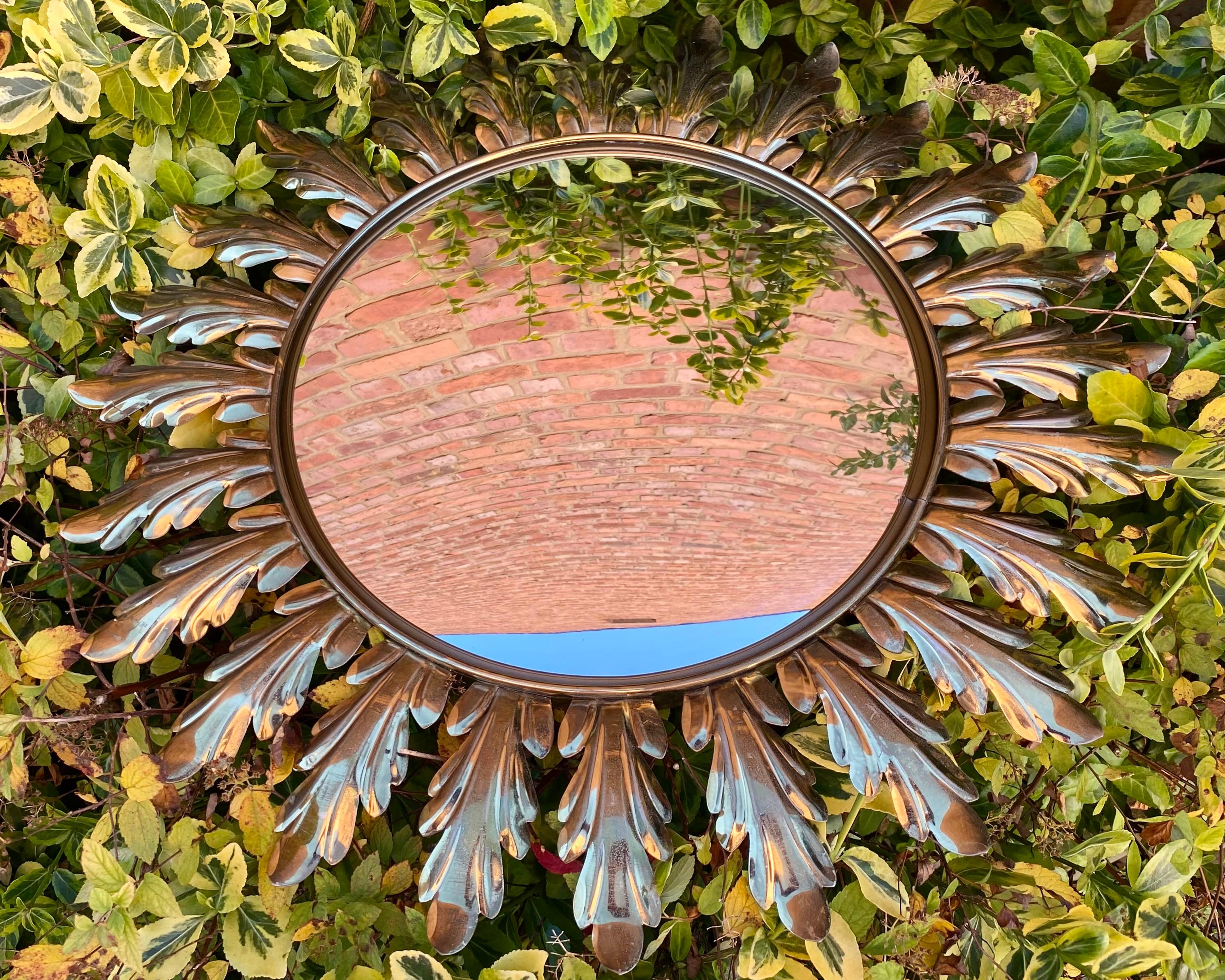 Belgian Vintage Sunburst Wall Mirror in Solid Oak Leaves Metal Frame, Belgium, 1950s For Sale