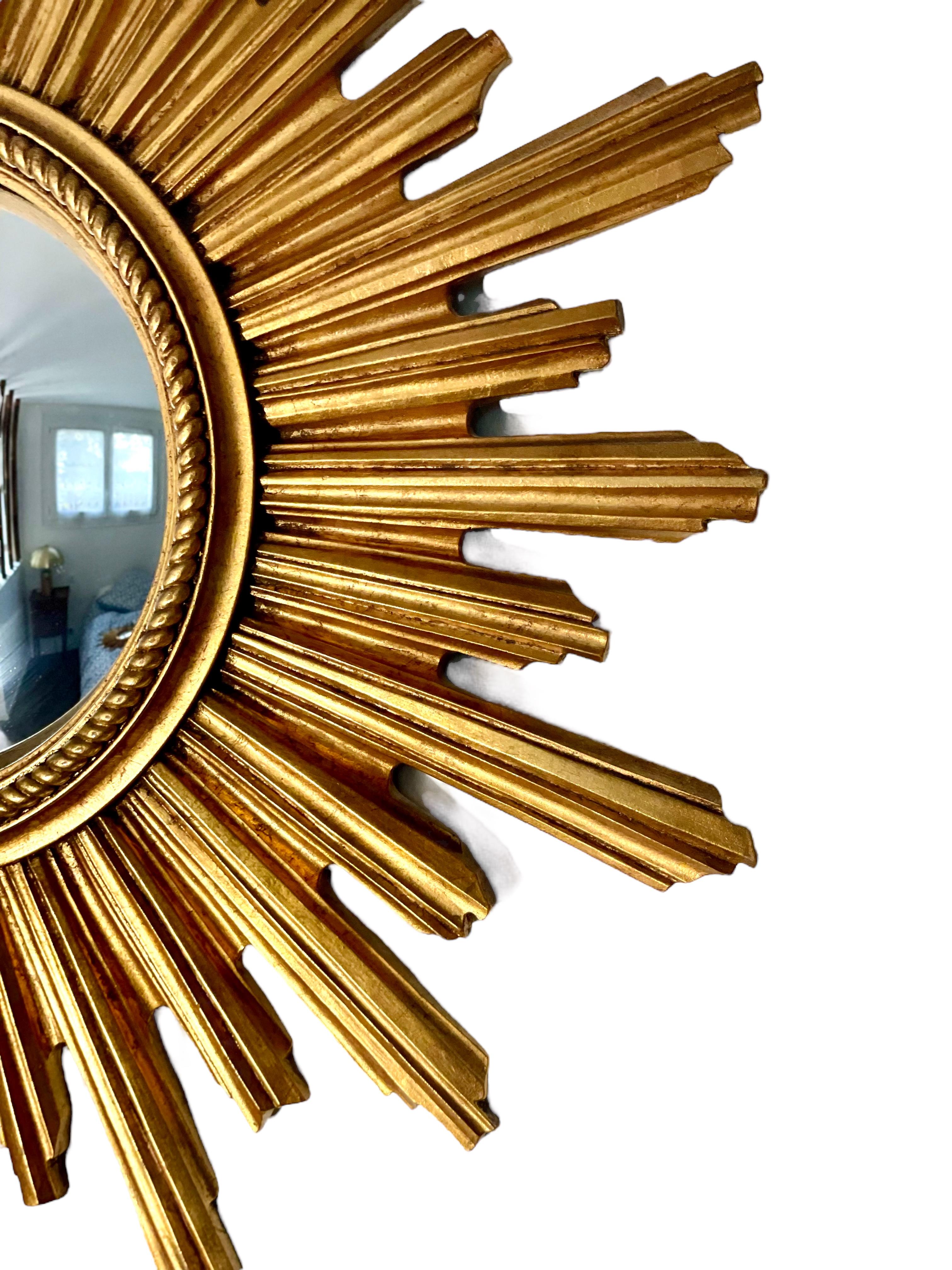Art Deco Vintage Sunburst Wall Mirror with Convex Plate For Sale