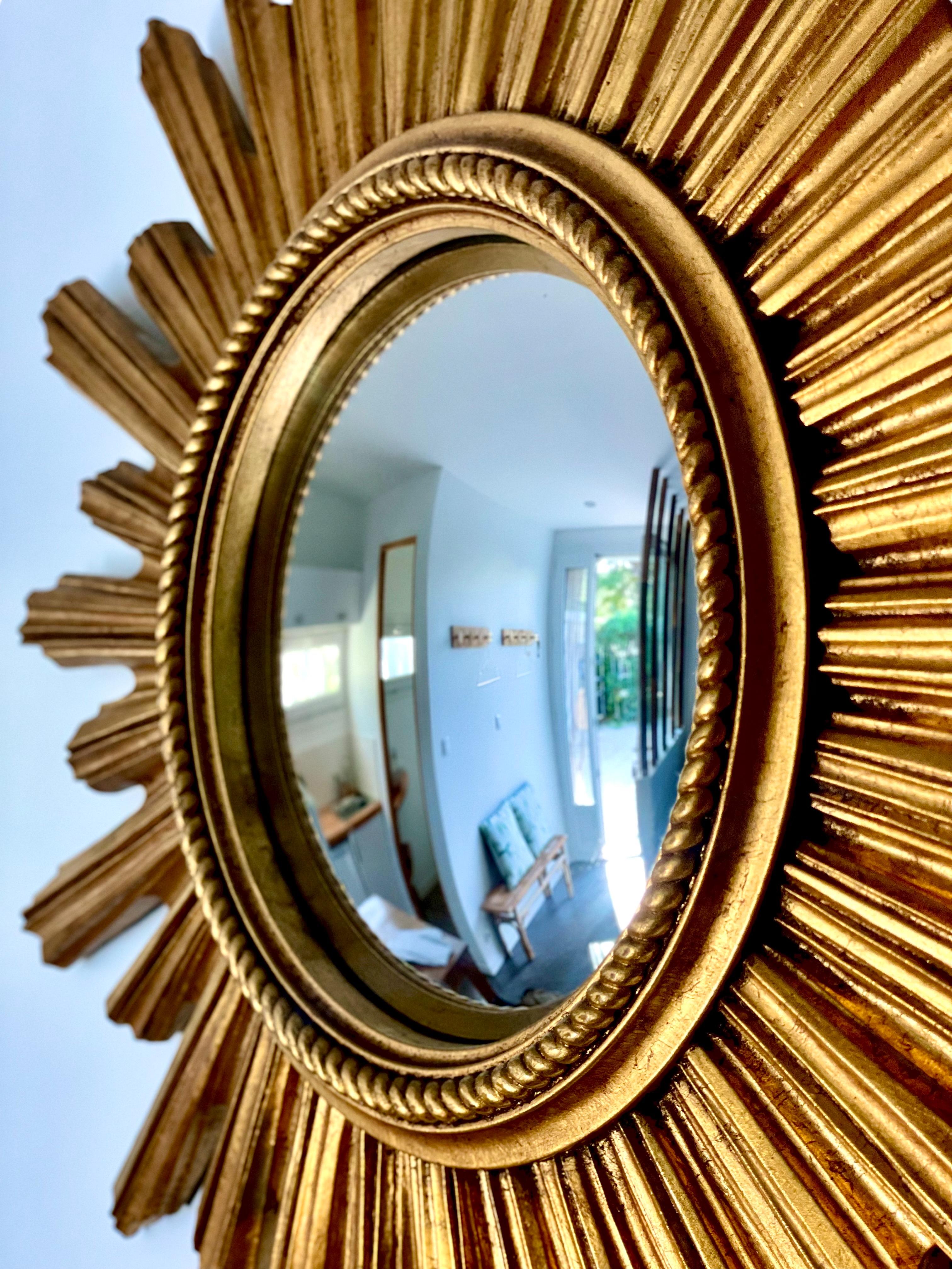 French Vintage Sunburst Wall Mirror with Convex Plate For Sale