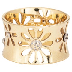 Vintage Sunflower Ring Sz 6,5 14k Gelbgold Wide Cigar Band Estate Jewelry