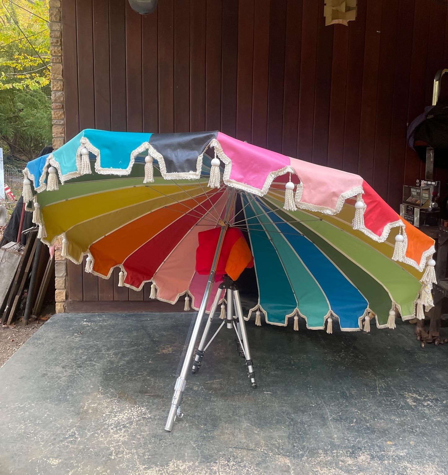 Mid-20th Century Vintage Sunmasters Umbrella Rainbow Big Top Circus Colorful Tassel Fringe