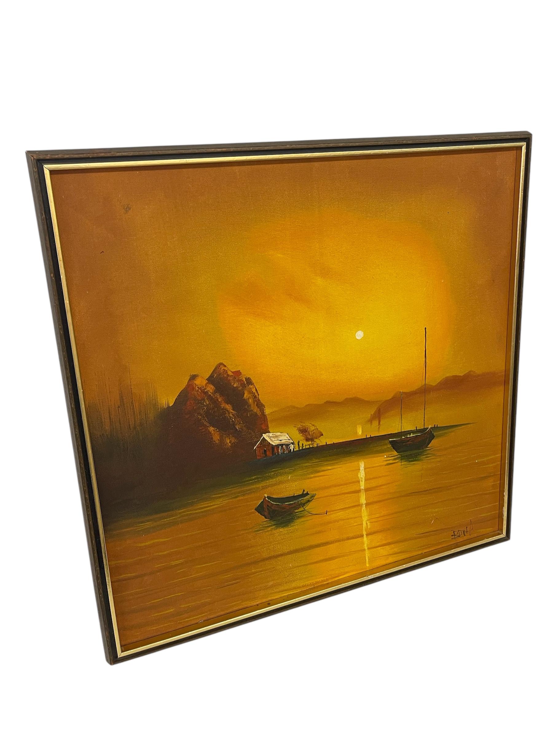 Vintage Sonnenuntergang Seelandschaft Ölgemälde mit Fischerbooten, signiert (Moderne der Mitte des Jahrhunderts) im Angebot