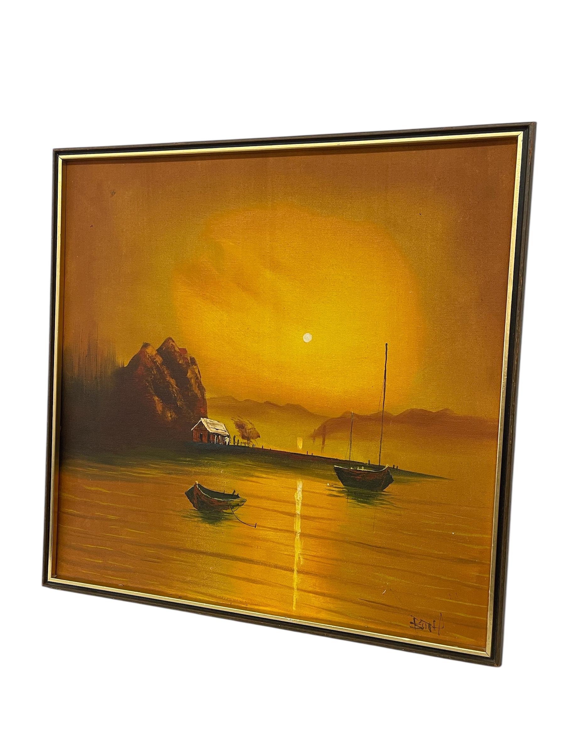 Vintage Sonnenuntergang Seelandschaft Ölgemälde mit Fischerbooten, signiert im Zustand „Gut“ im Angebot in Seattle, WA