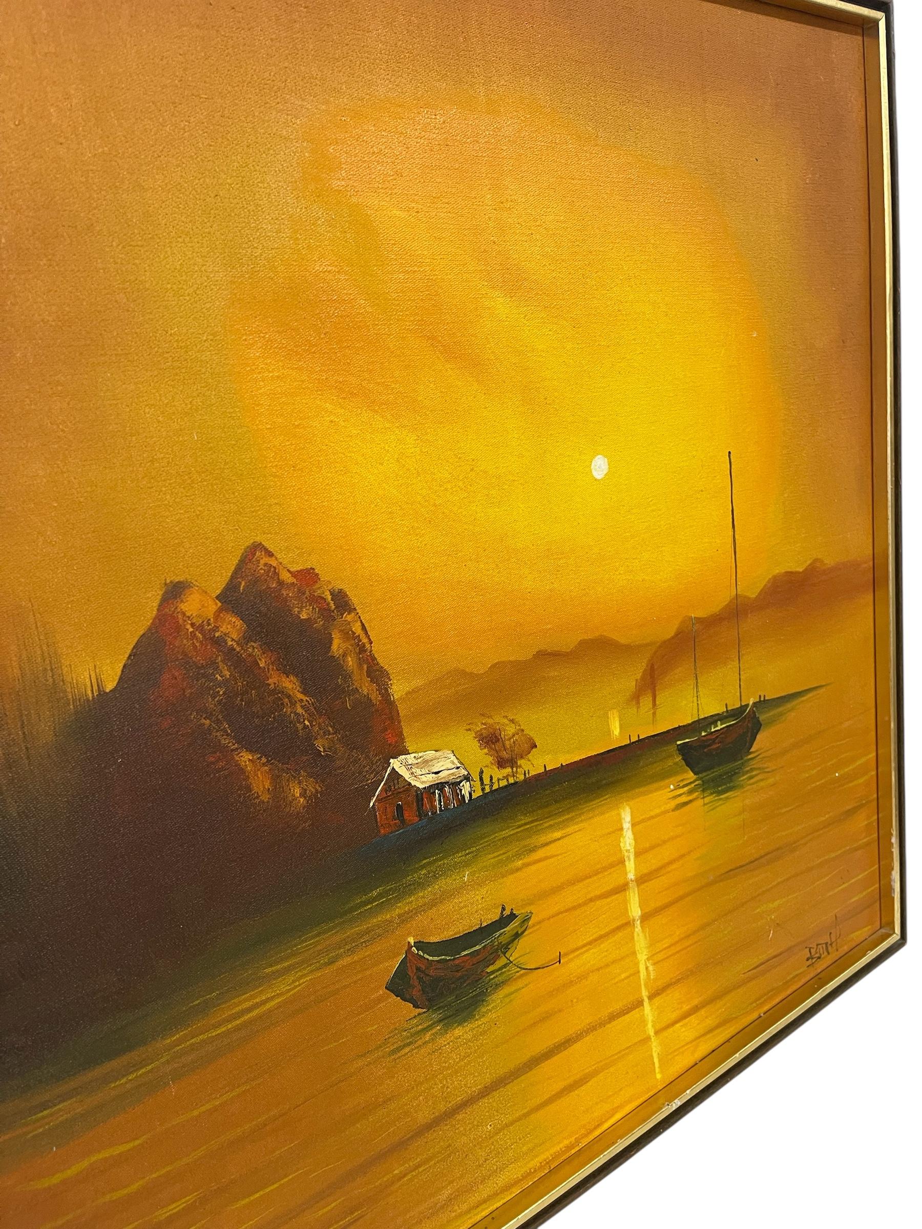 Vintage Sonnenuntergang Seelandschaft Ölgemälde mit Fischerbooten, signiert (Ende des 20. Jahrhunderts) im Angebot