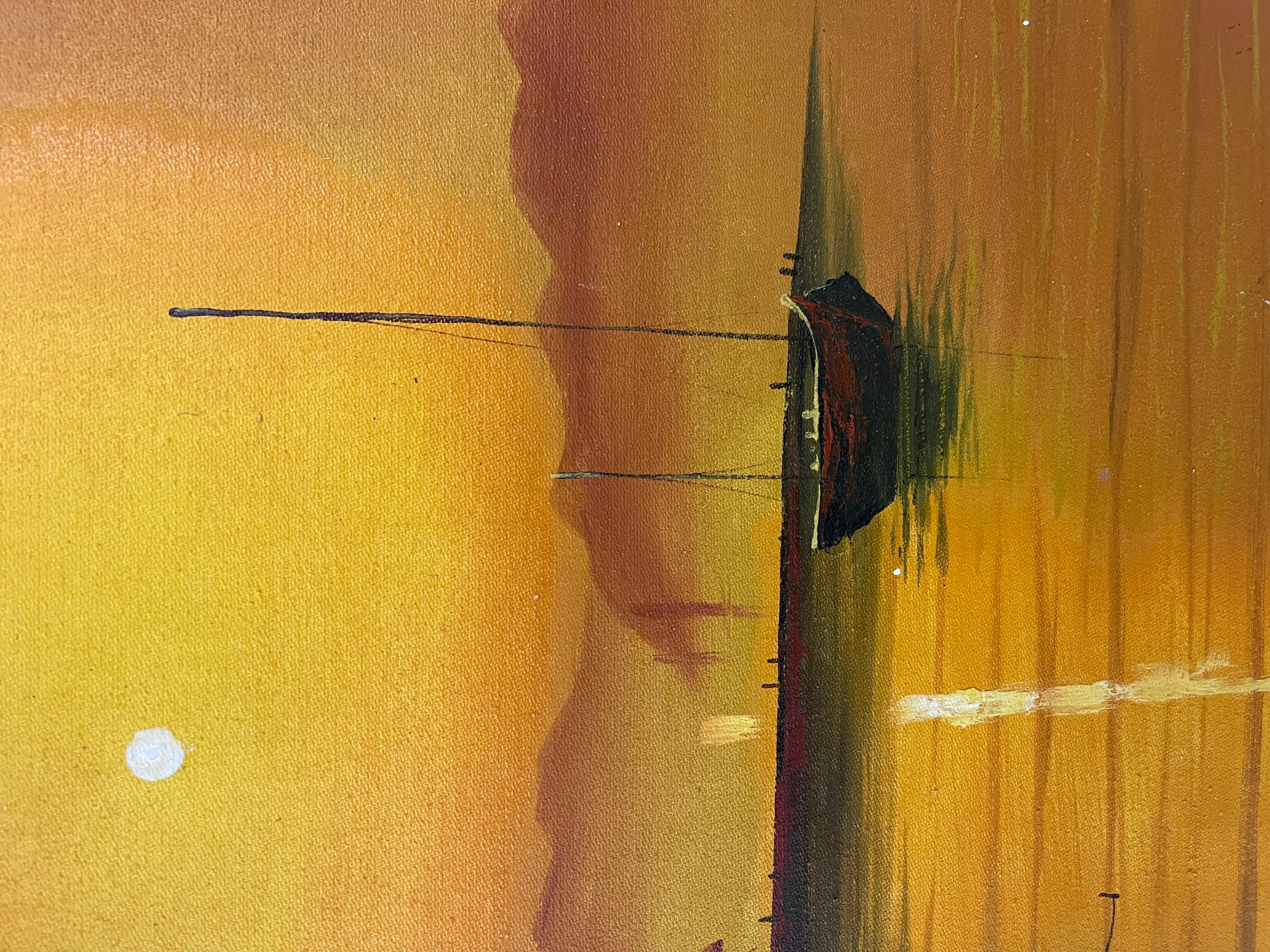 Vintage Sonnenuntergang Seelandschaft Ölgemälde mit Fischerbooten, signiert (Leinwand) im Angebot