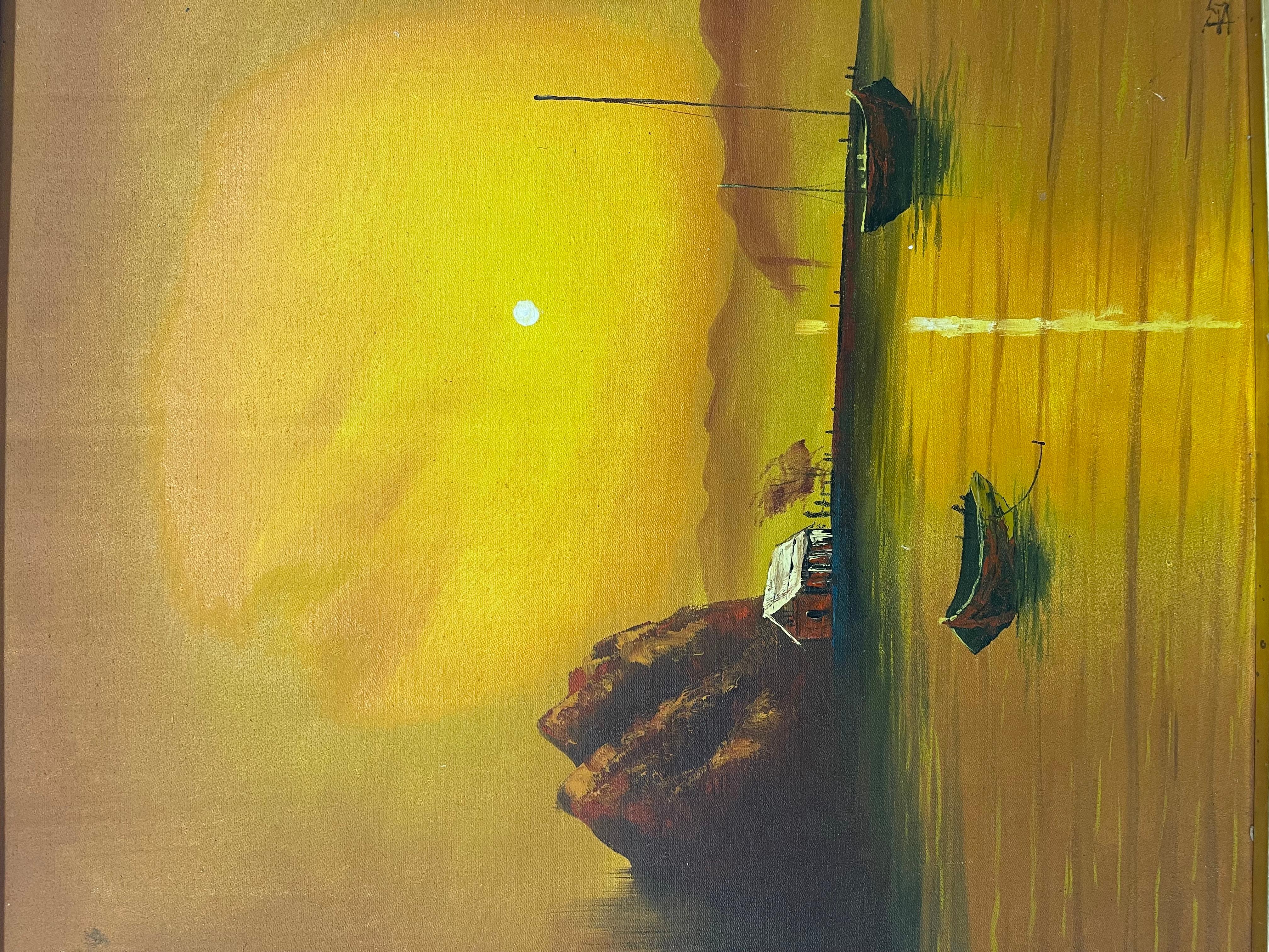 Vintage Sonnenuntergang Seelandschaft Ölgemälde mit Fischerbooten, signiert im Angebot 1