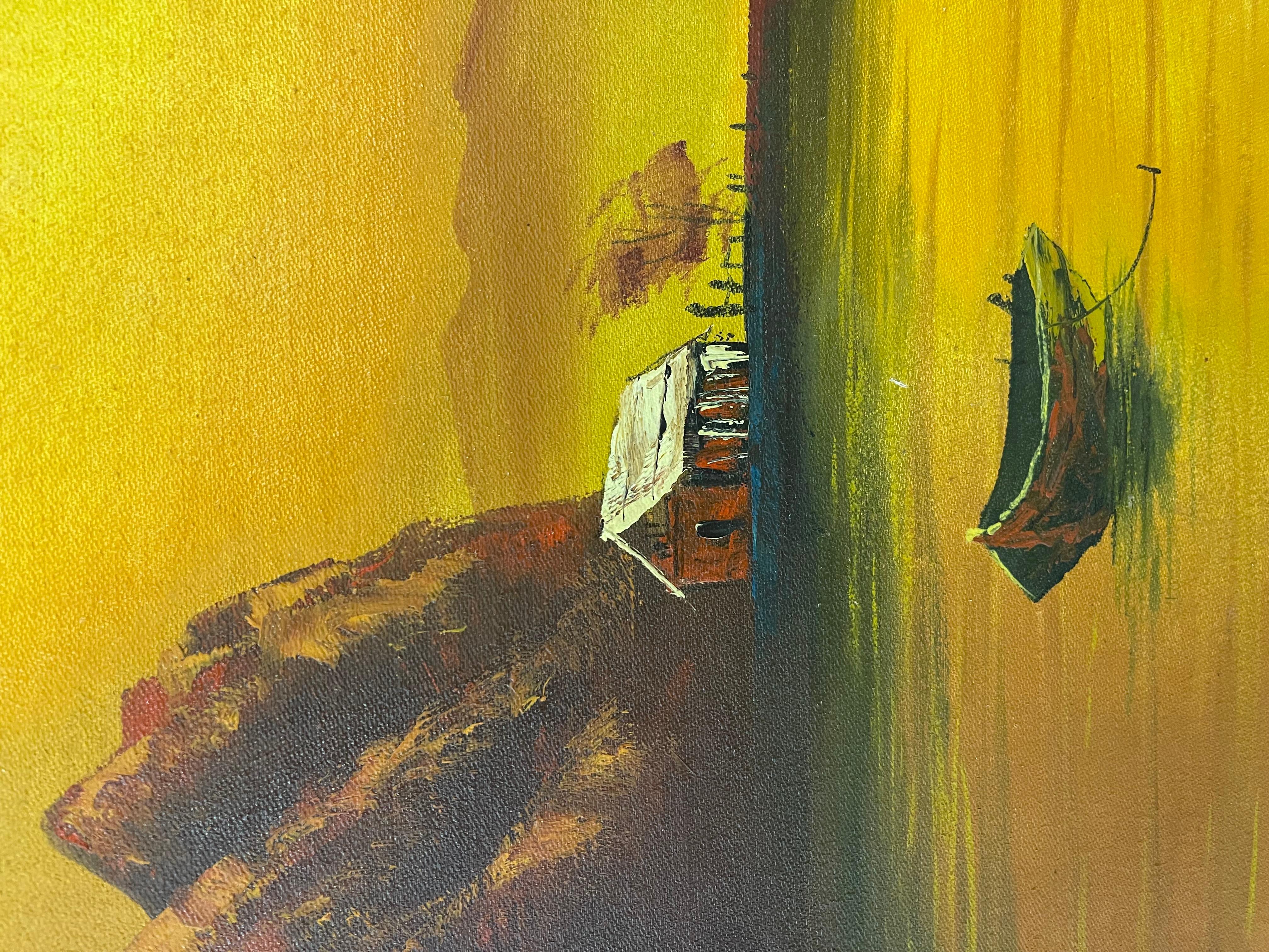 Vintage Sonnenuntergang Seelandschaft Ölgemälde mit Fischerbooten, signiert im Angebot 2