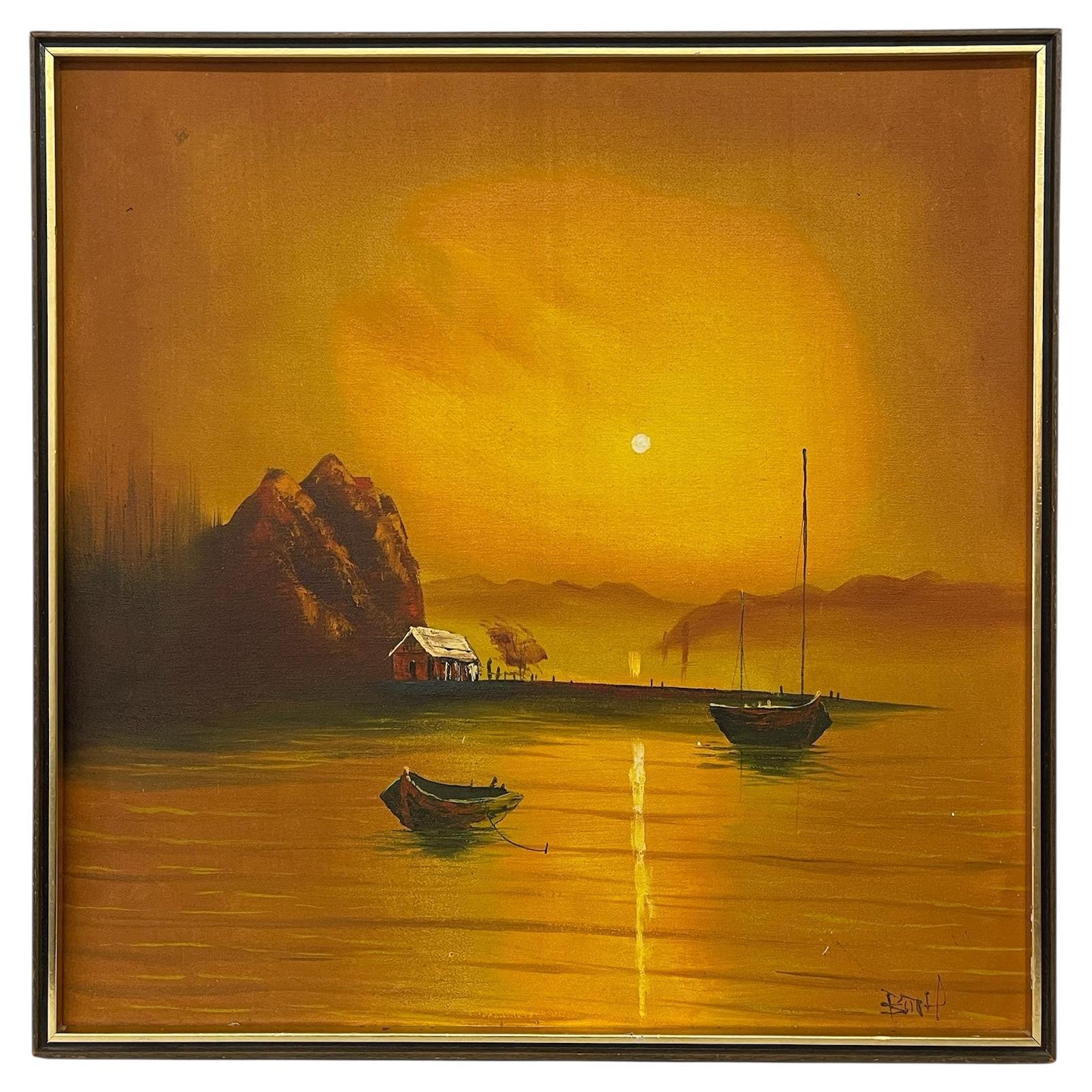 Vintage Sonnenuntergang Seelandschaft Ölgemälde mit Fischerbooten, signiert im Angebot